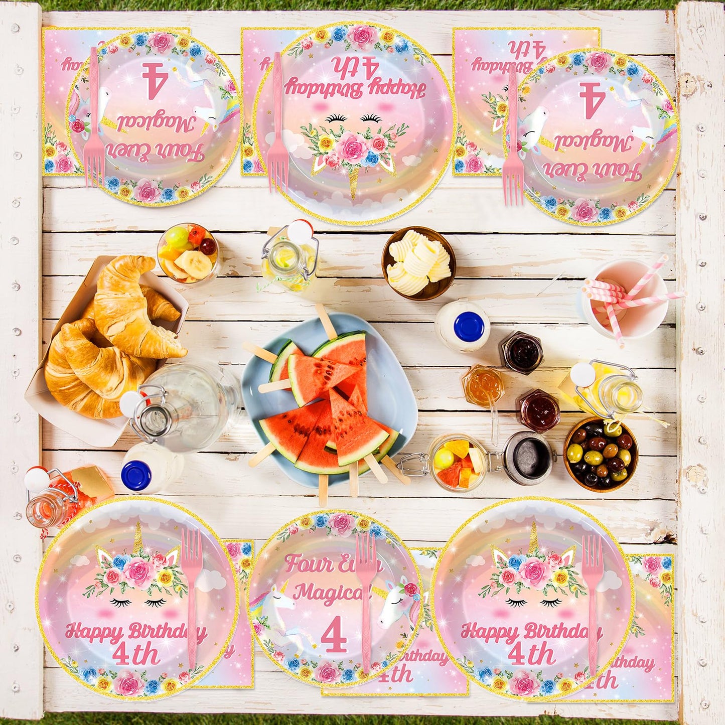 Oitnlaughter 96Pcs Four Ever Magical Unicorn Party Plates & Napkins – 24 Guests