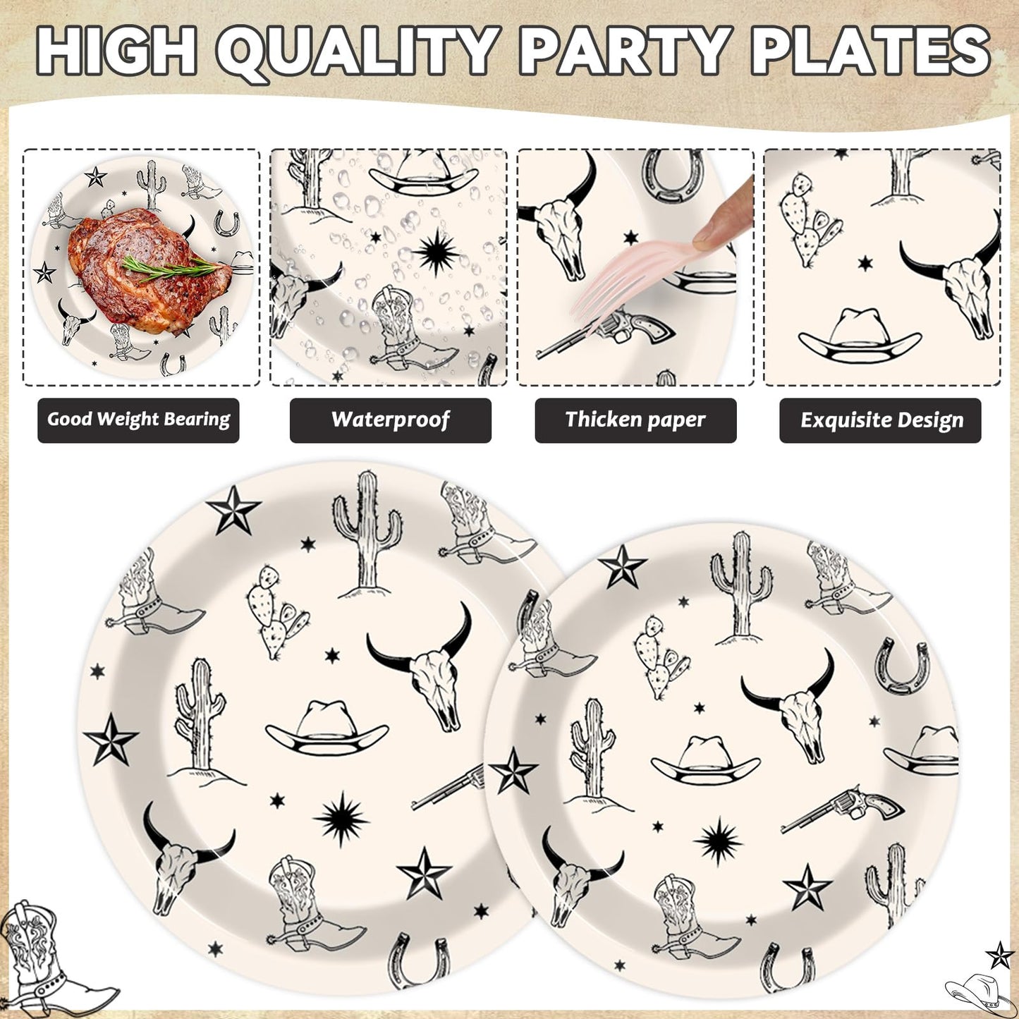 Oitnlaughter 96Pcs Western Cowboy Party Plates & Napkins Set | Rodeo Wild West Tableware for Parties