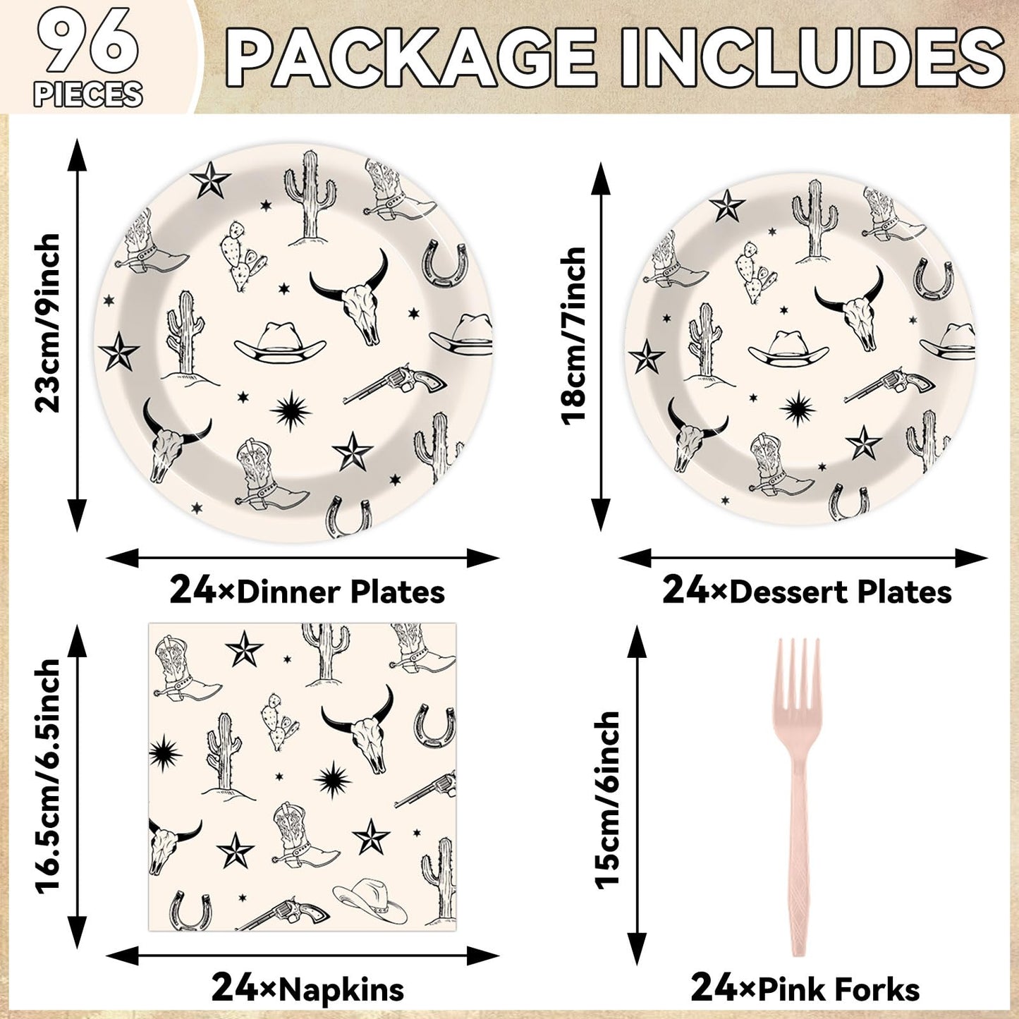 Oitnlaughter 96Pcs Western Cowboy Party Plates & Napkins Set | Rodeo Wild West Tableware for Parties