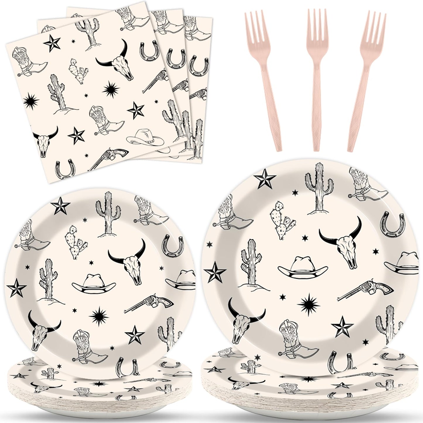 Oitnlaughter 96Pcs Western Cowboy Party Plates & Napkins Set | Rodeo Wild West Tableware for Parties