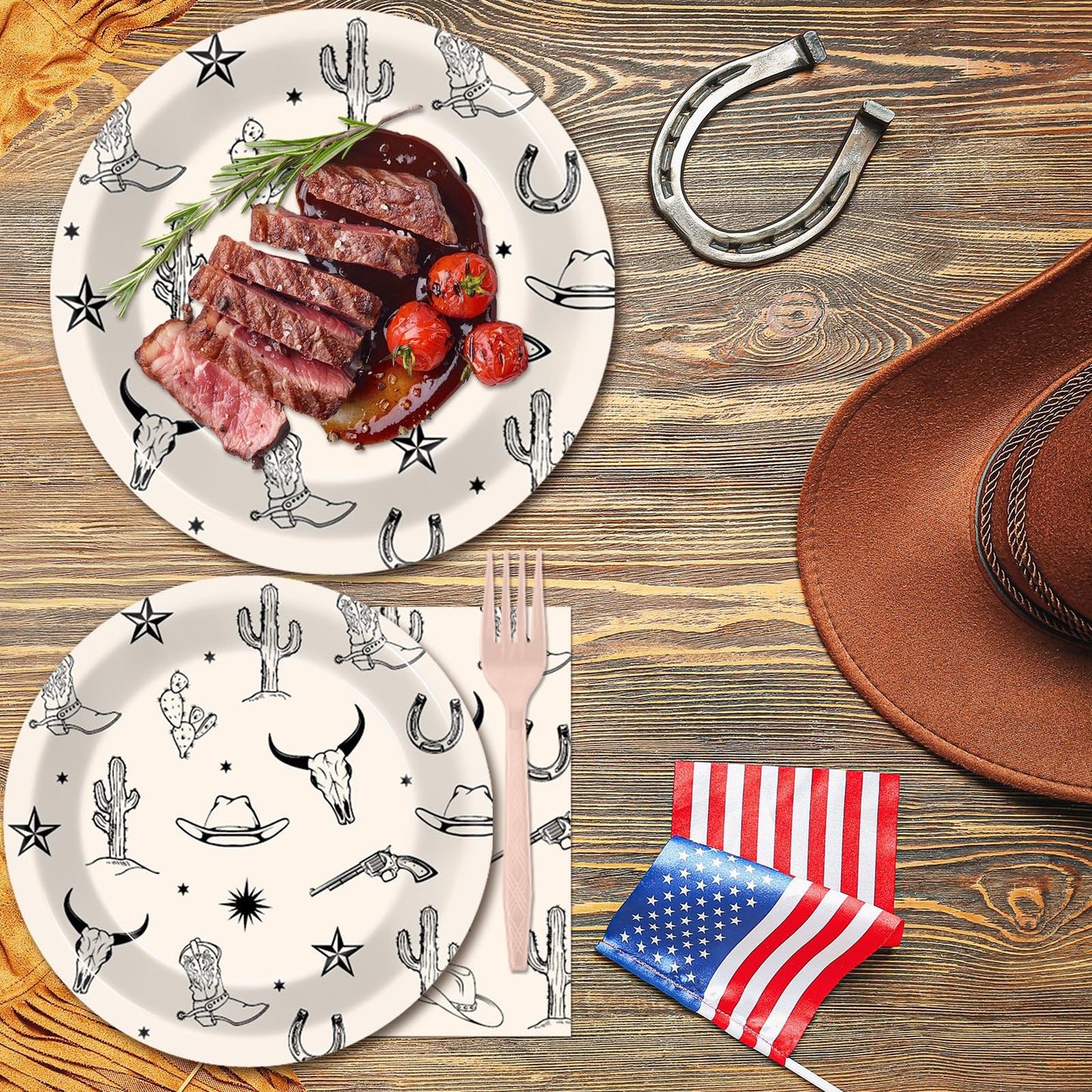 Oitnlaughter 96Pcs Western Cowboy Party Plates & Napkins Set | Rodeo Wild West Tableware for Parties