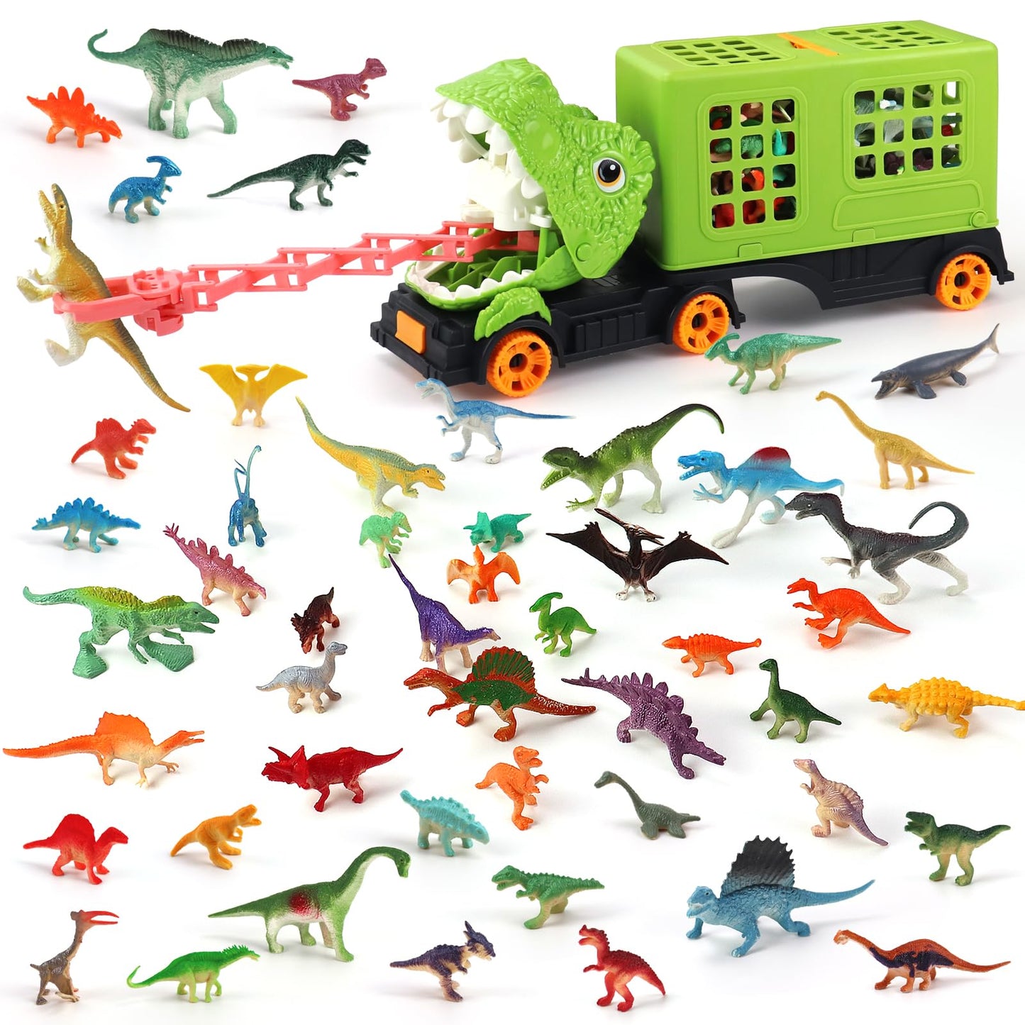 Oiuros 50PCS Dinosaur Transport Truck Toy with 50 Figures – Educational Jurassic Playset