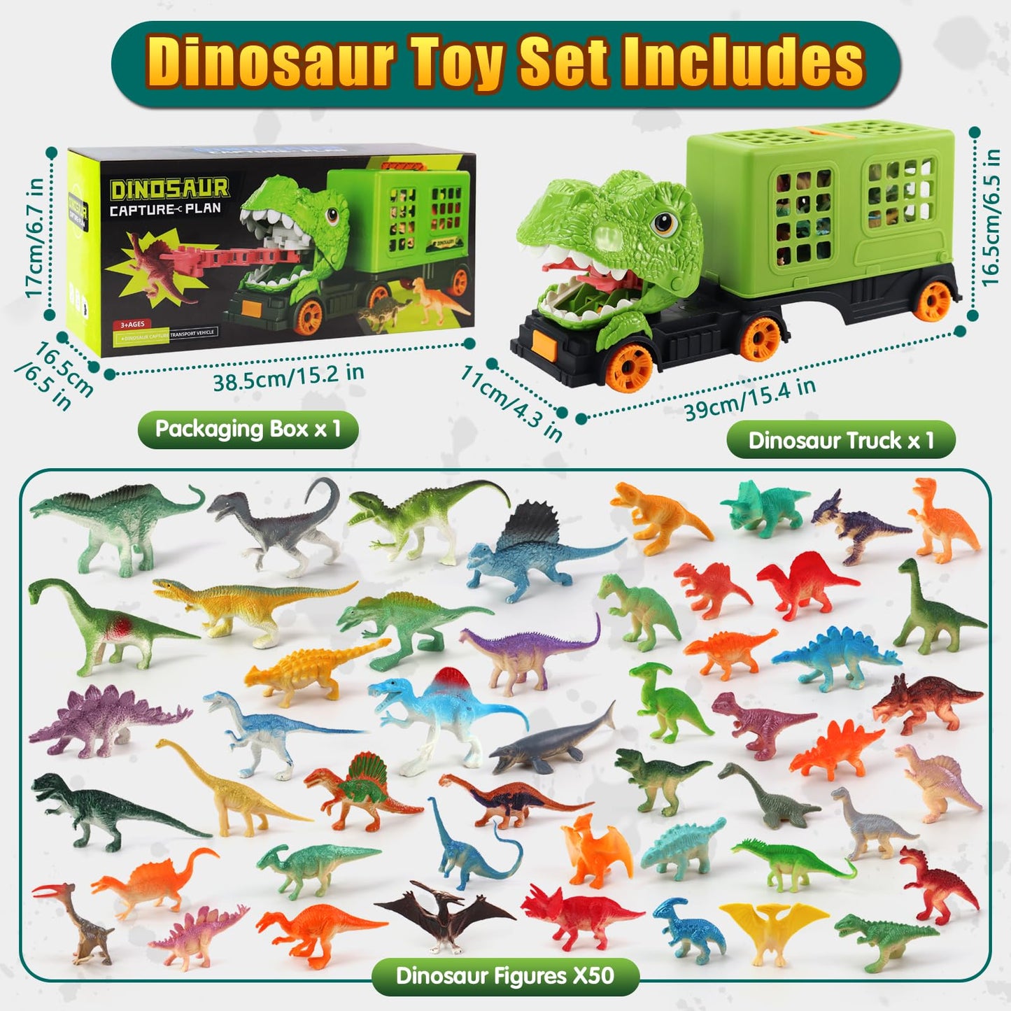 Oiuros 50PCS Dinosaur Transport Truck Toy with 50 Figures – Educational Jurassic Playset