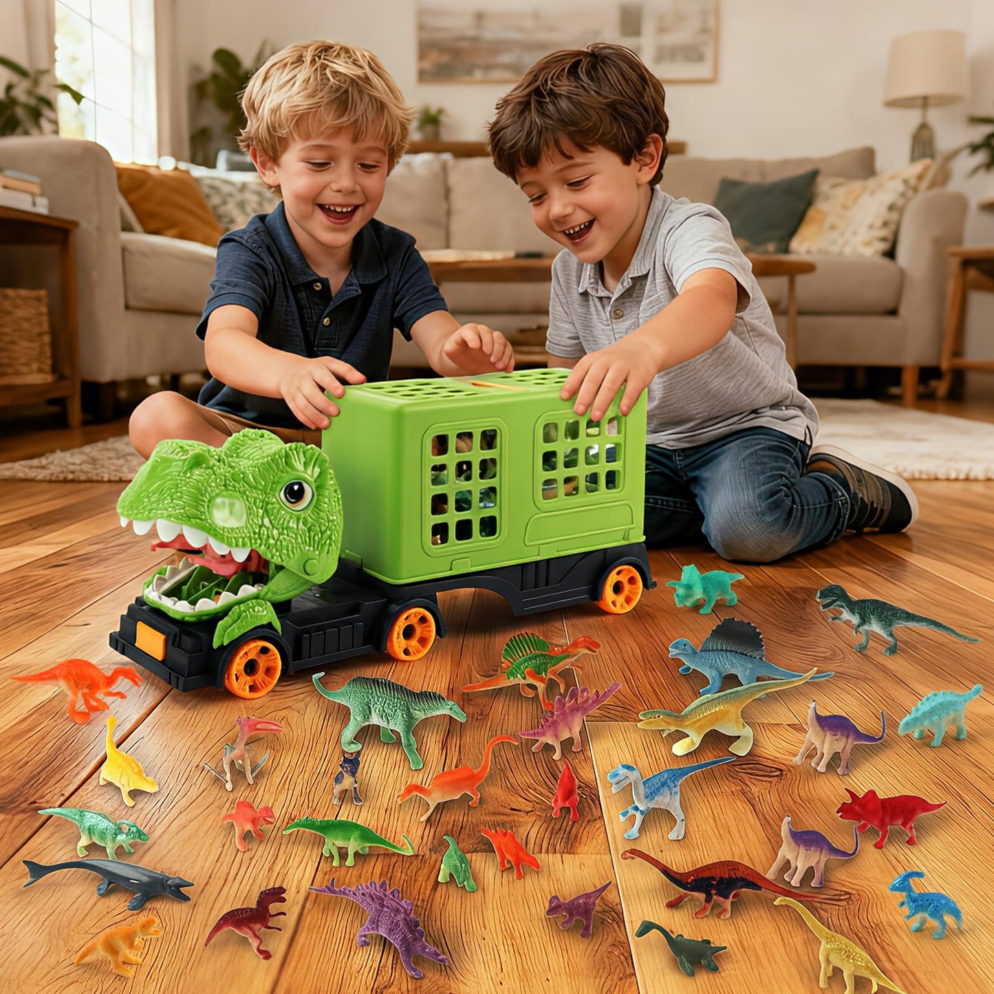 Oiuros 50PCS Dinosaur Transport Truck Toy with 50 Figures – Educational Jurassic Playset