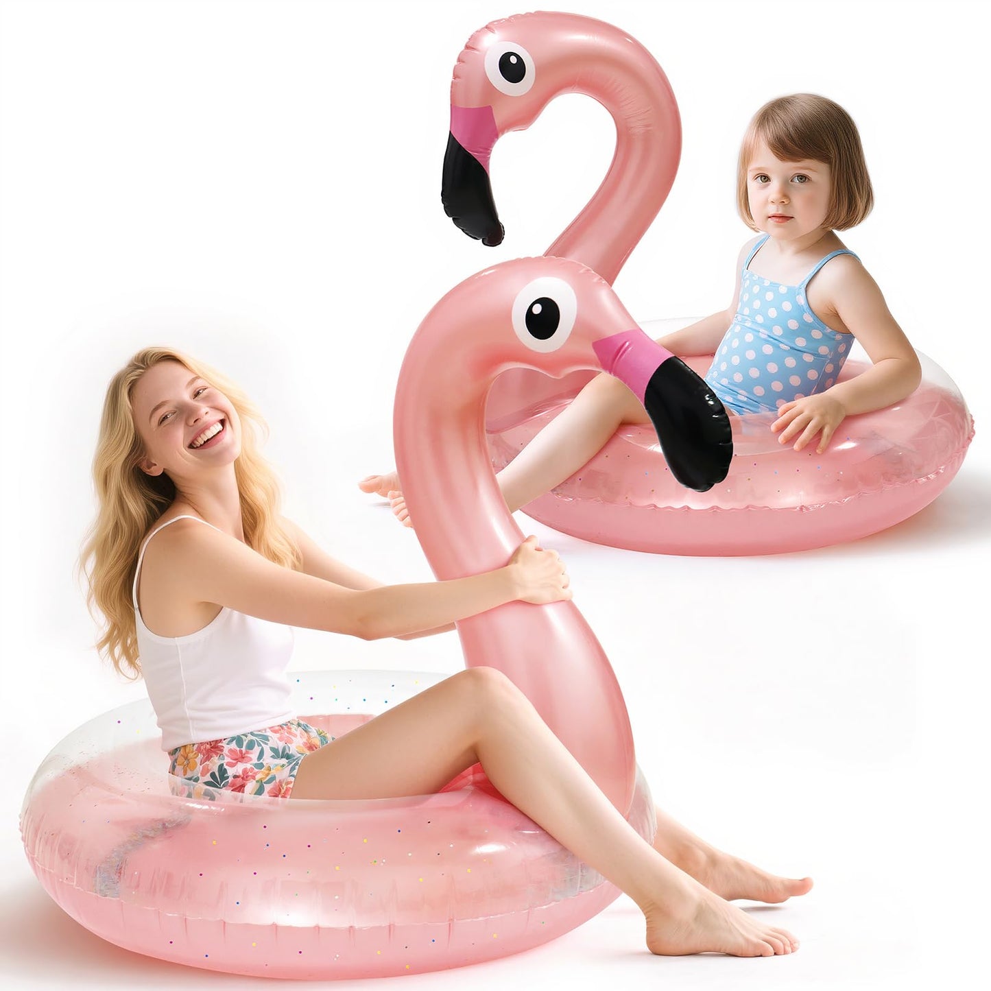 Oiuros 2-Pack Flamingo Inflatable Pool Floats – Large & Medium Glitter PVC Rings
