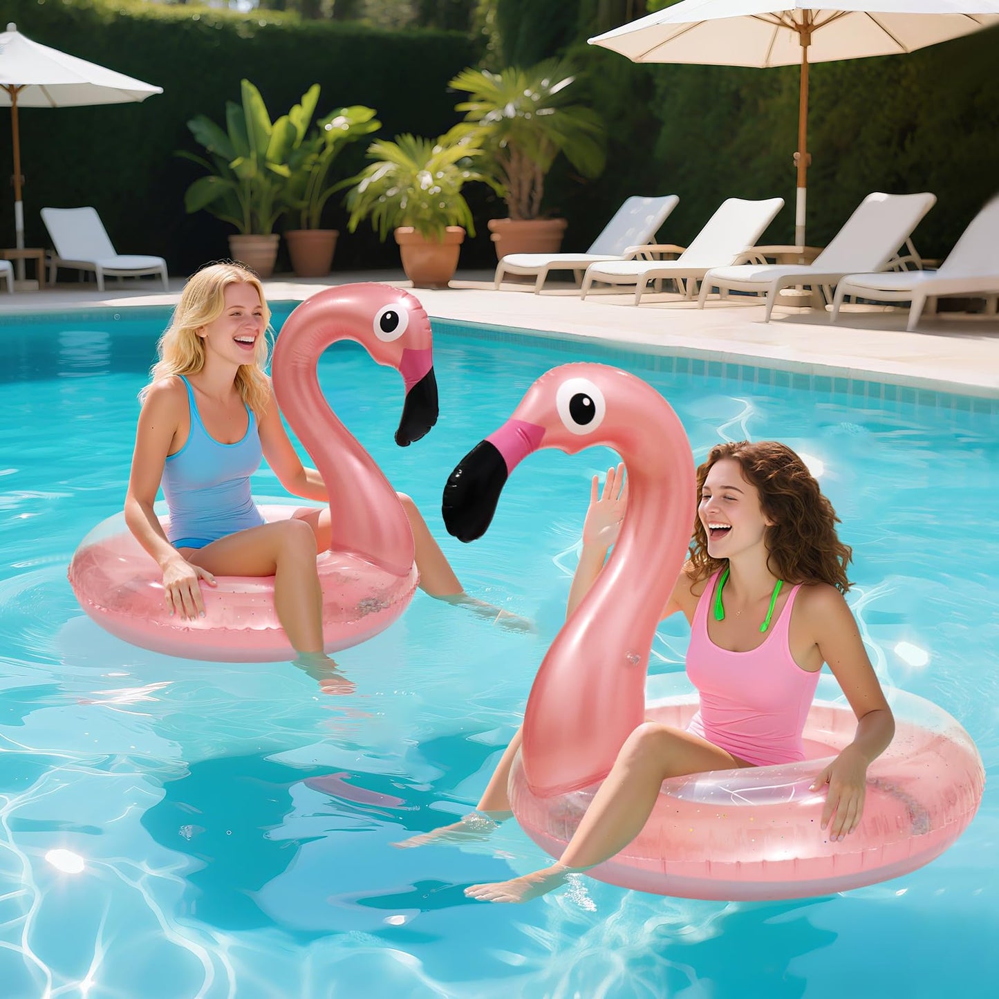 Oiuros 2-Pack Flamingo Inflatable Pool Floats – Large & Medium Glitter PVC Rings