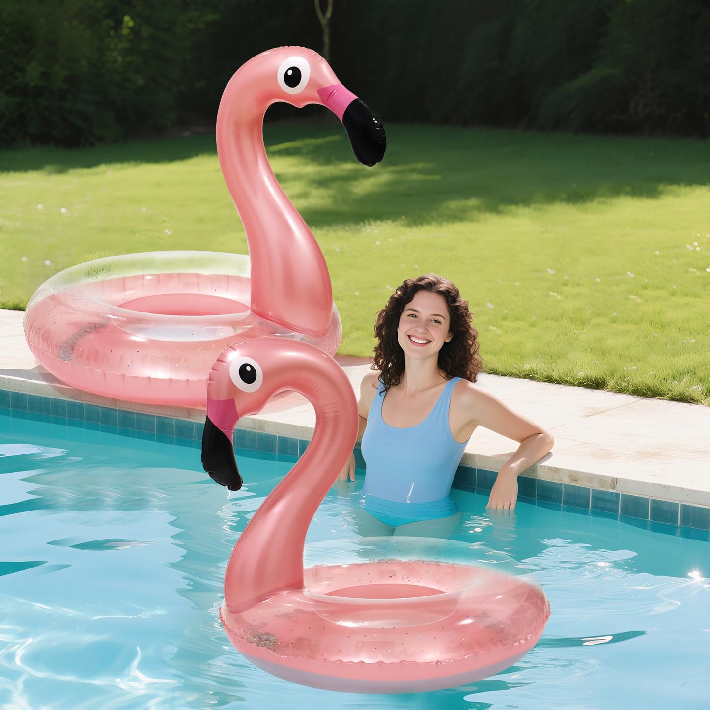 Oiuros 2-Pack Flamingo Inflatable Pool Floats – Large & Medium Glitter PVC Rings