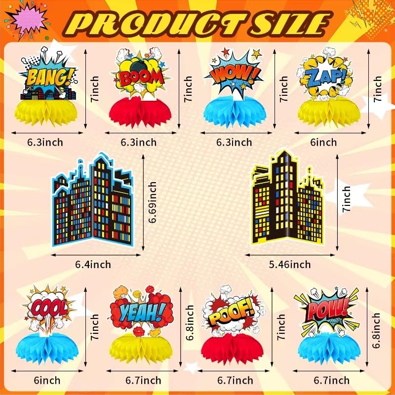 Oiuyamn Hero Party Decorations – 10 Honeycomb Centerpieces & Cards Set