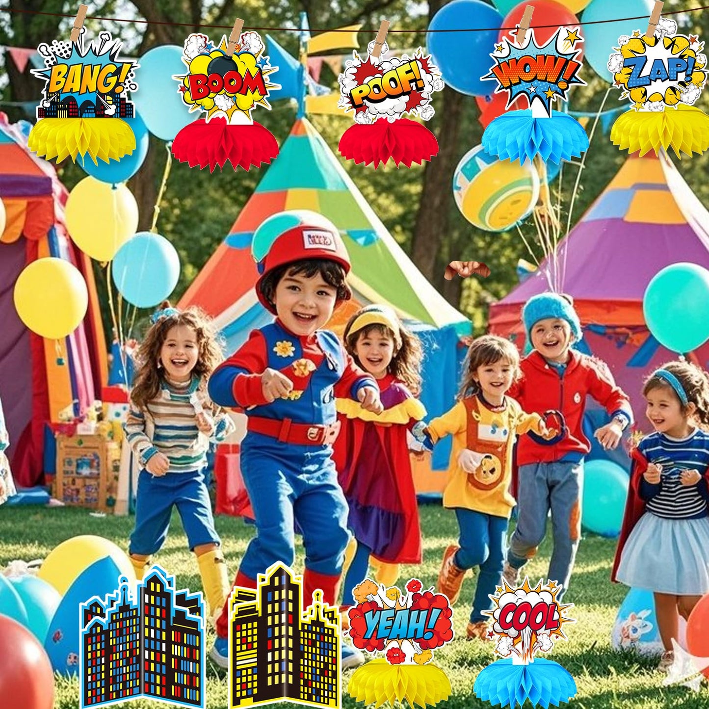Oiuyamn Hero Party Decorations – 10 Honeycomb Centerpieces & Cards Set