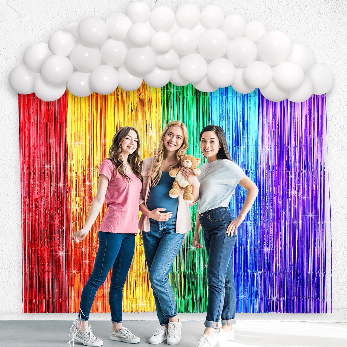 ojustbeok Rainbow Party Backdrop Balloon Arch Kit – Cloud Photo Props & Fringe Curtains