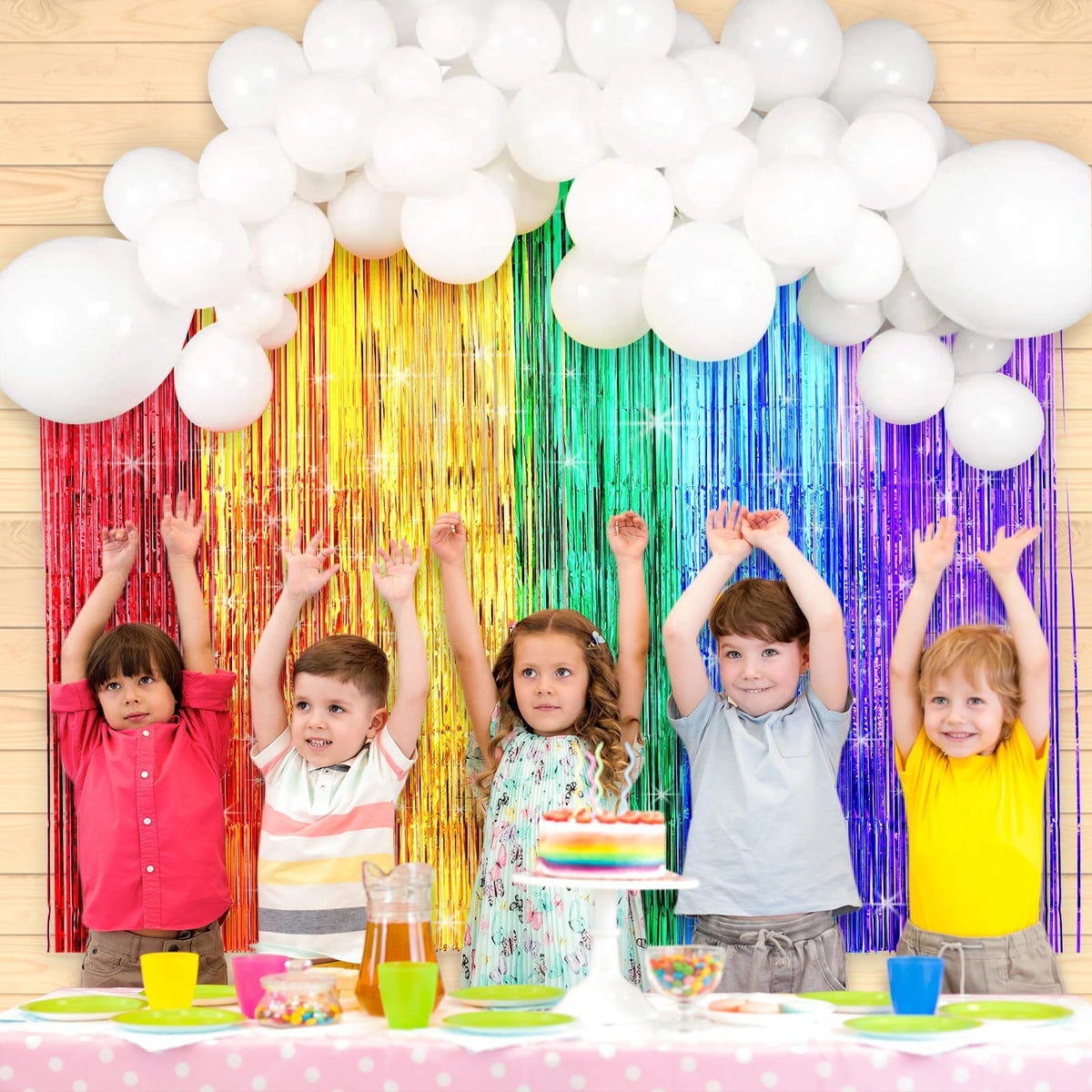 ojustbeok Rainbow Party Backdrop Balloon Arch Kit – Cloud Photo Props & Fringe Curtains