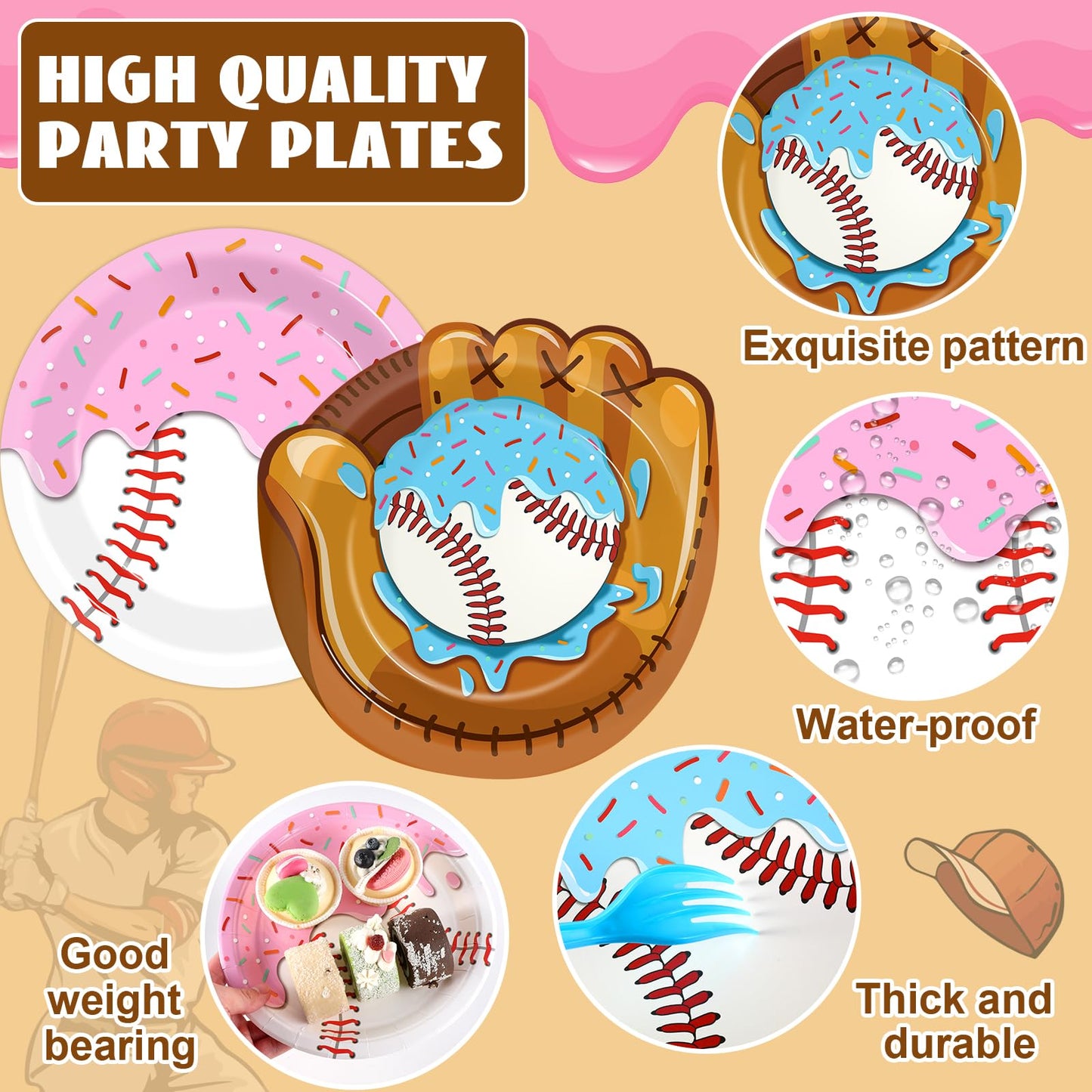 Ojustbeok 50Pcs Ice Cream Drip Baseball Plates – 9-Inch Disposable Party Plates