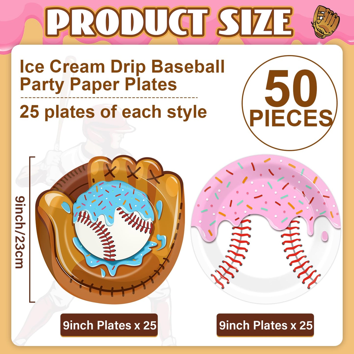 Ojustbeok 50Pcs Ice Cream Drip Baseball Plates – 9-Inch Disposable Party Plates