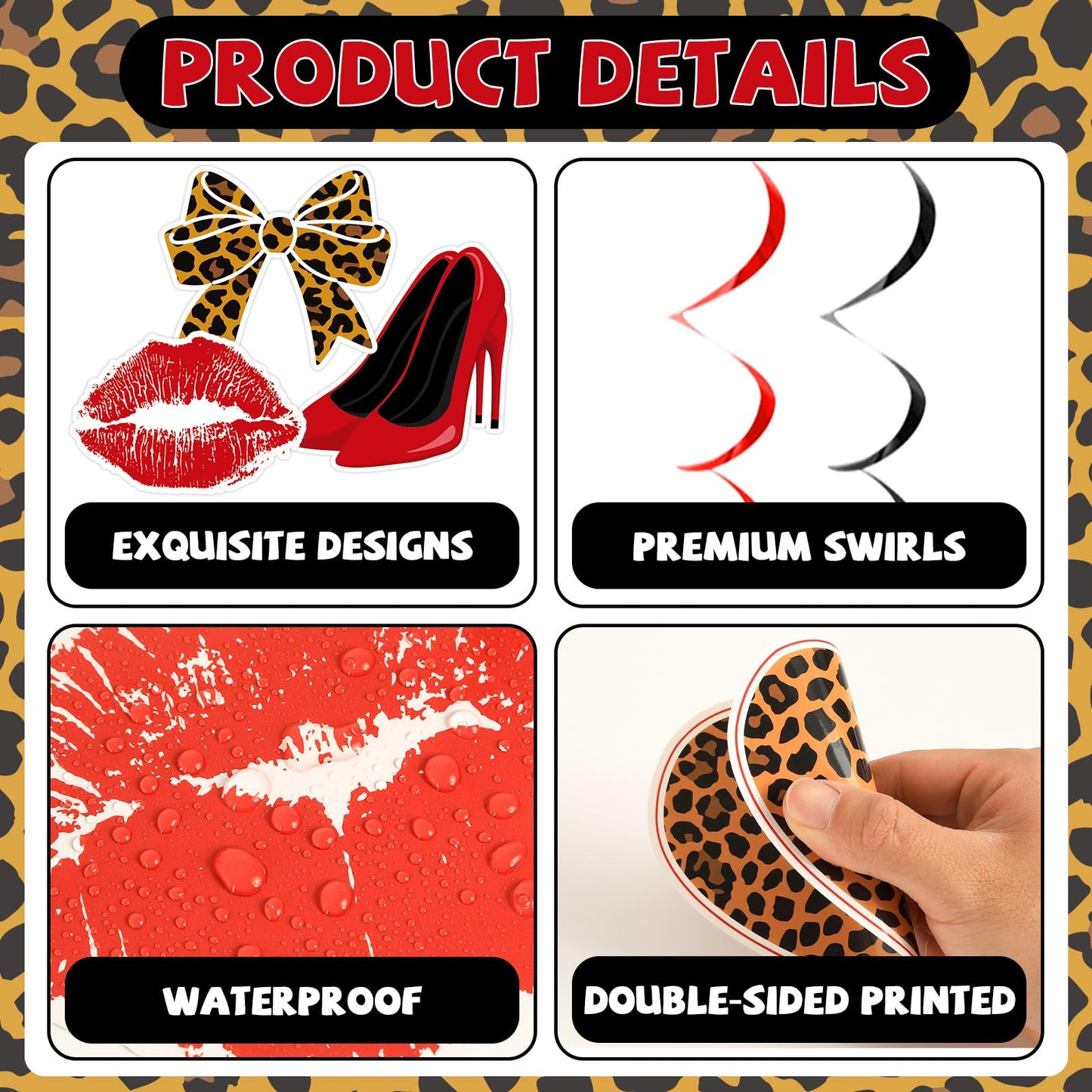 OjustBeOk 18Pcs Cheetah Cherry Birthday Party Decorations – Leopard Print Banner & Hanging Swirls