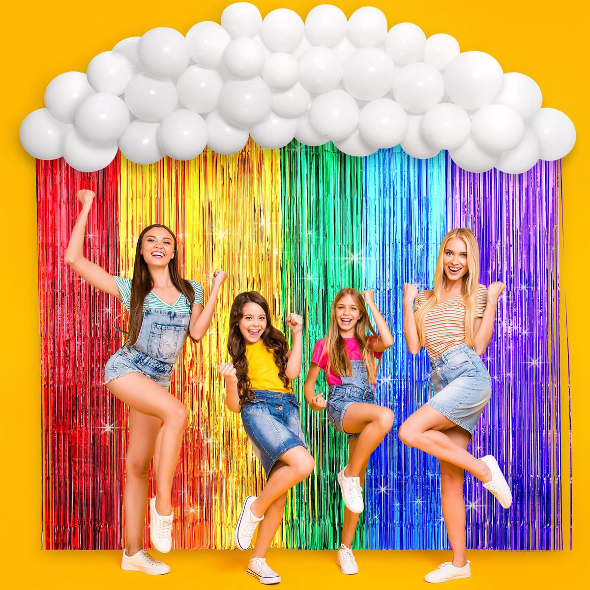 ojustbeok Rainbow Party Backdrop Balloon Arch Kit – Cloud Photo Props & Fringe Curtains