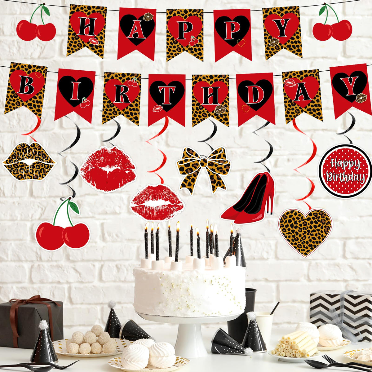 OjustBeOk 18Pcs Cheetah Cherry Birthday Party Decorations – Leopard Print Banner & Hanging Swirls
