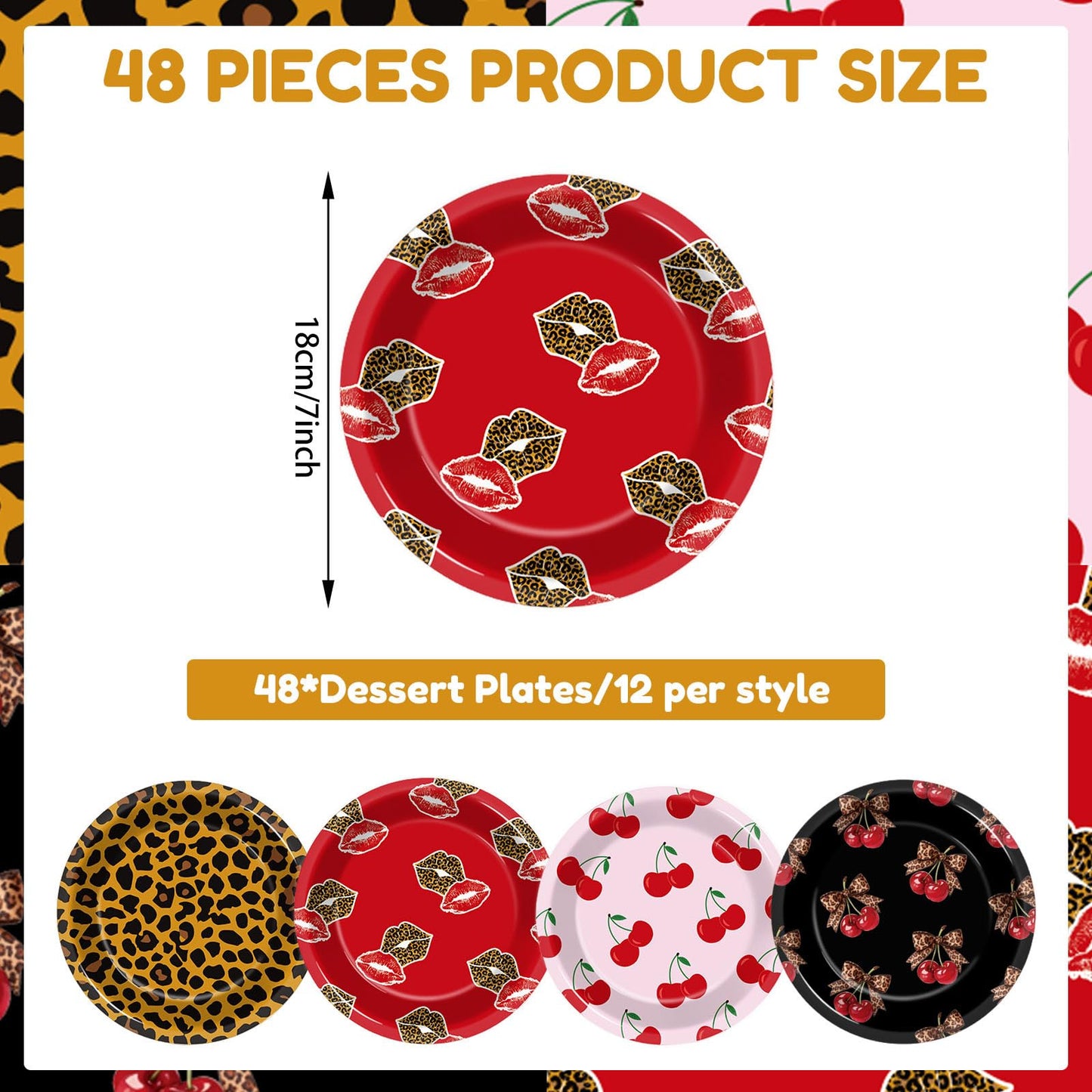 OjustBeOk Leopard Cherry 48-Pc Dessert Plates | Red & Black Leopard Print Party Tableware