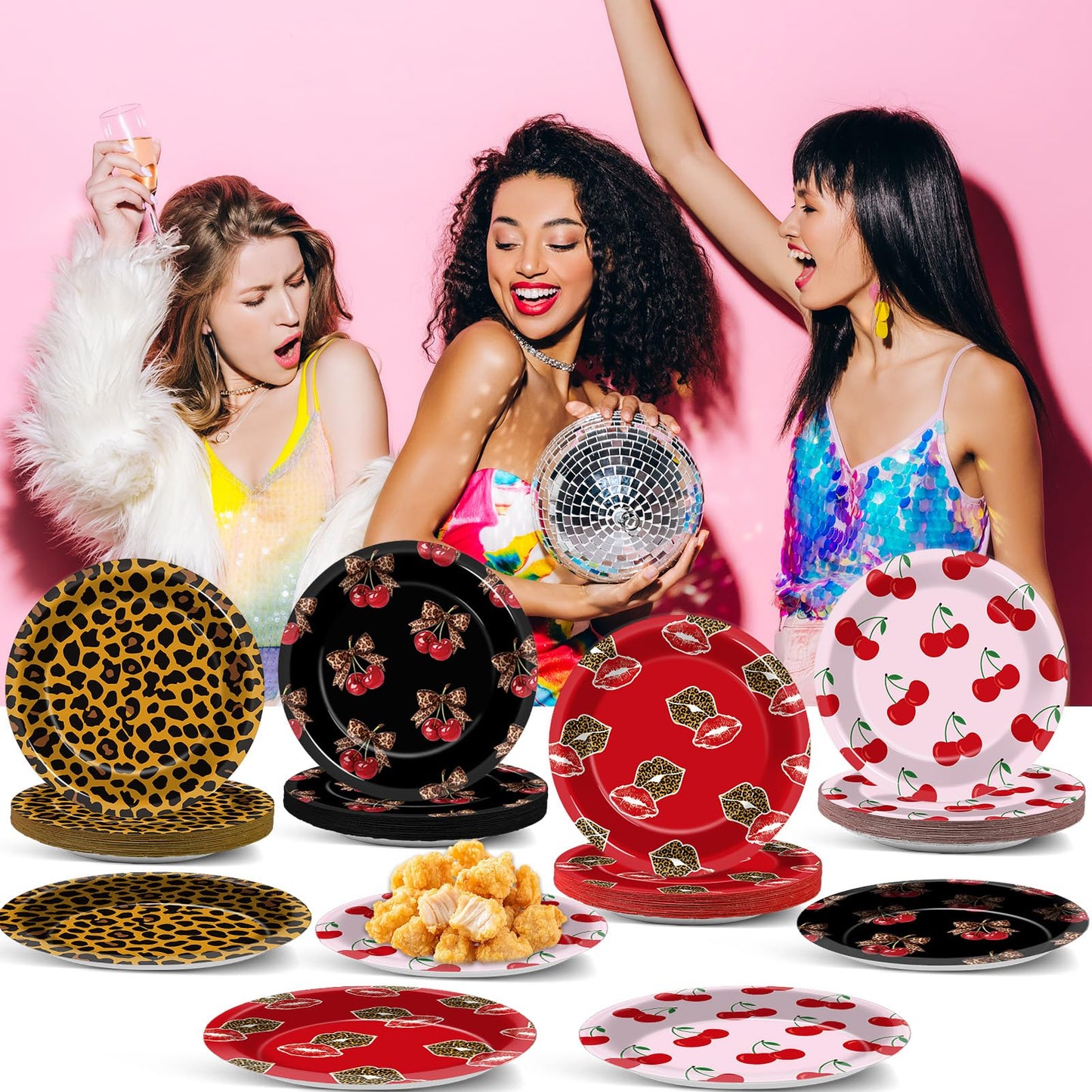 OjustBeOk Leopard Cherry 48-Pc Dessert Plates | Red & Black Leopard Print Party Tableware