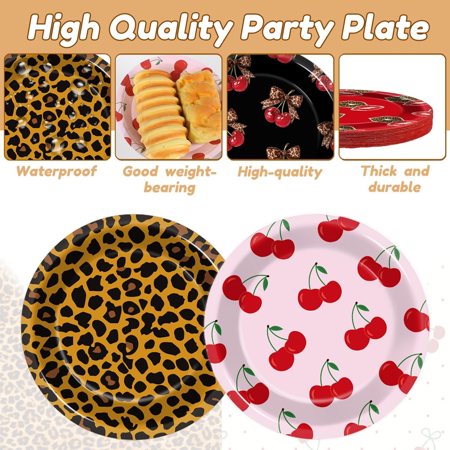 OjustBeOk Leopard Cherry 48-Pc Dessert Plates | Red & Black Leopard Print Party Tableware
