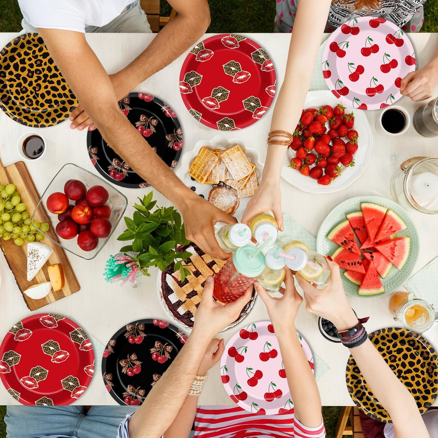 OjustBeOk Leopard Cherry 48-Pc Dessert Plates | Red & Black Leopard Print Party Tableware