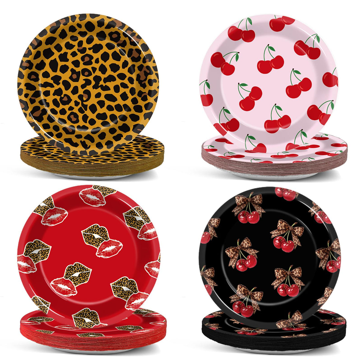 OjustBeOk Leopard Cherry 48-Pc Dessert Plates | Red & Black Leopard Print Party Tableware