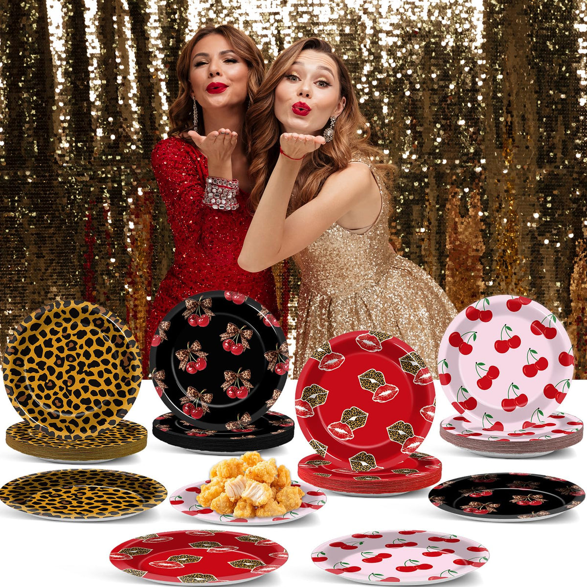 OjustBeOk Leopard Cherry 48-Pc Dessert Plates | Red & Black Leopard Print Party Tableware