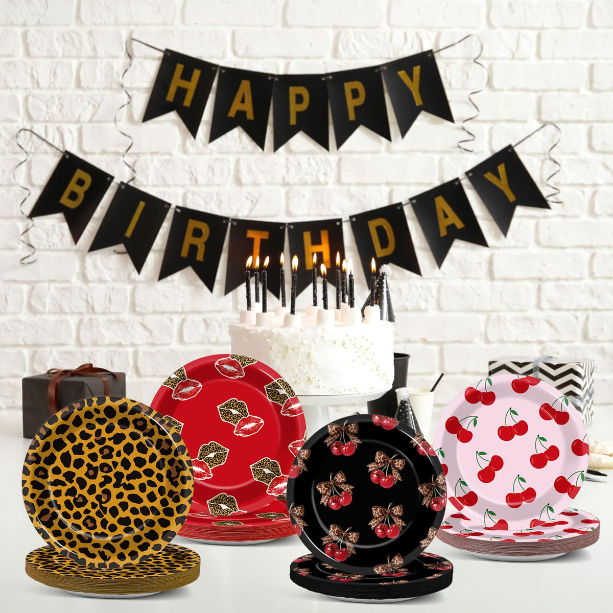 OjustBeOk Leopard Cherry 48-Pc Dessert Plates | Red & Black Leopard Print Party Tableware