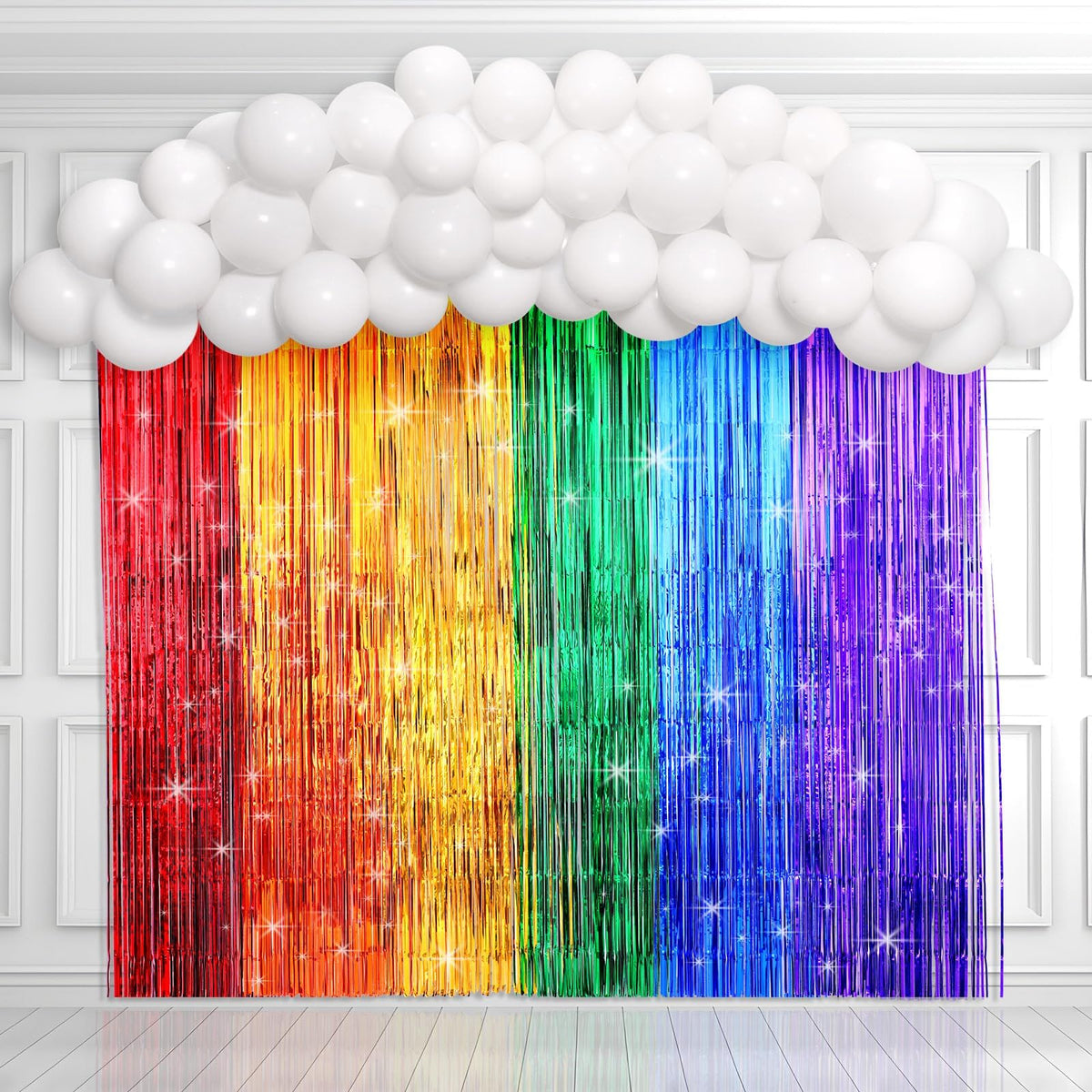 ojustbeok Rainbow Party Backdrop Balloon Arch Kit – Cloud Photo Props & Fringe Curtains