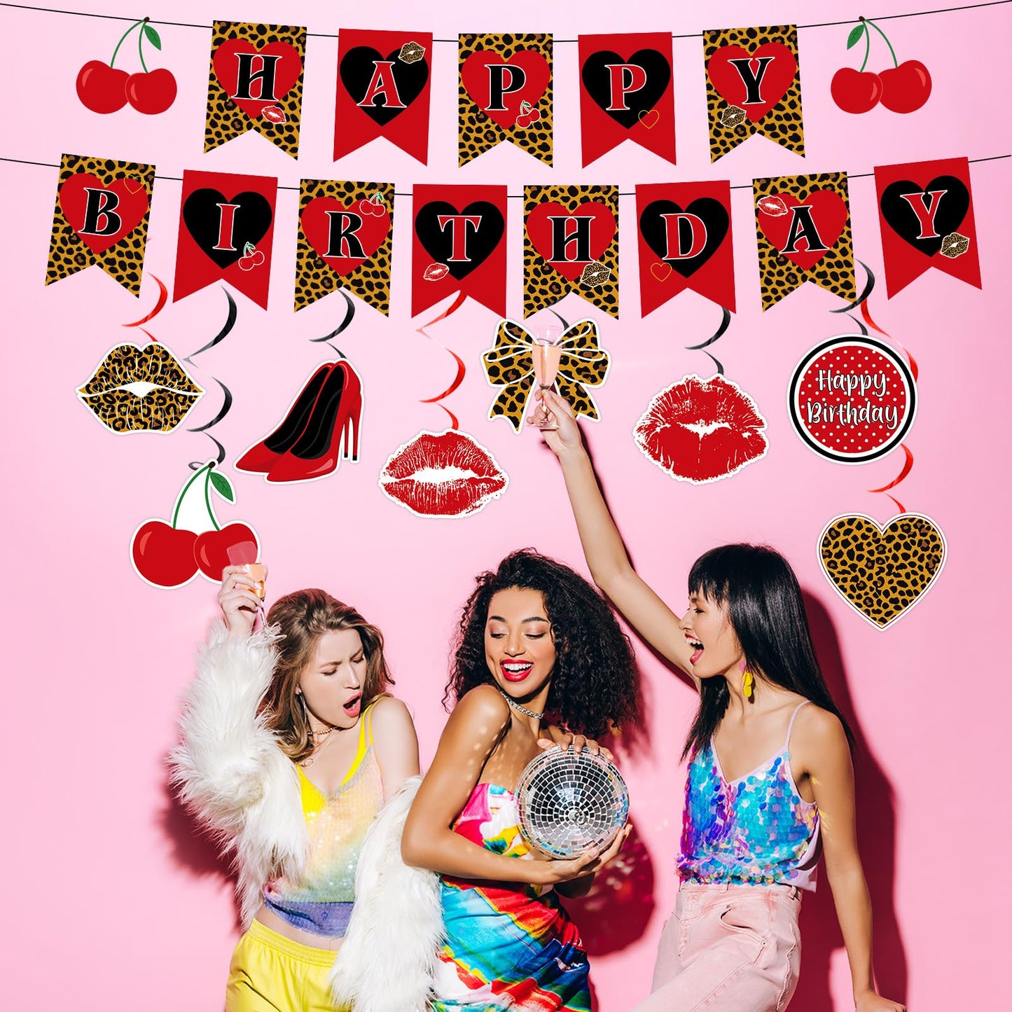 OjustBeOk 18Pcs Cheetah Cherry Birthday Party Decorations – Leopard Print Banner & Hanging Swirls