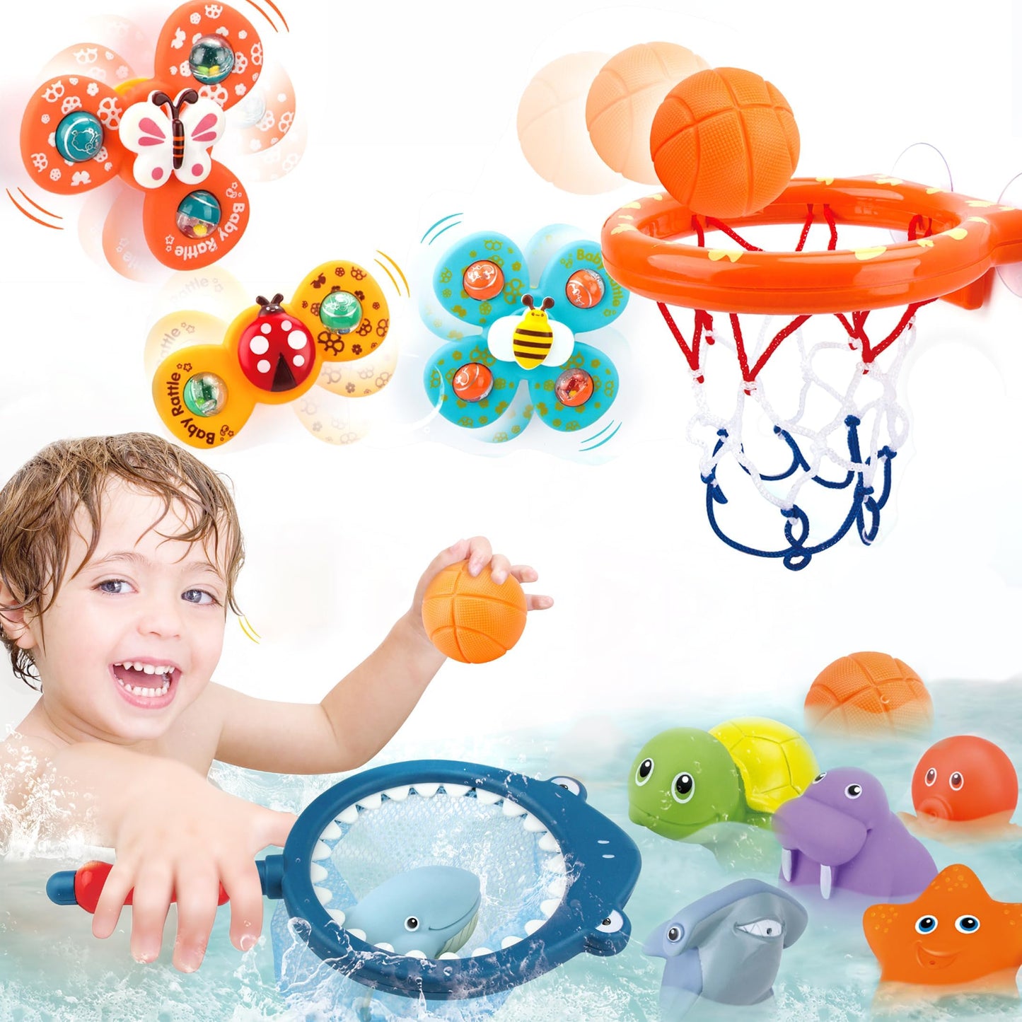 OKGIUGN Bath Toys Playset – Basketball Hoop, Fishing Game & Spinner Toys for Kids