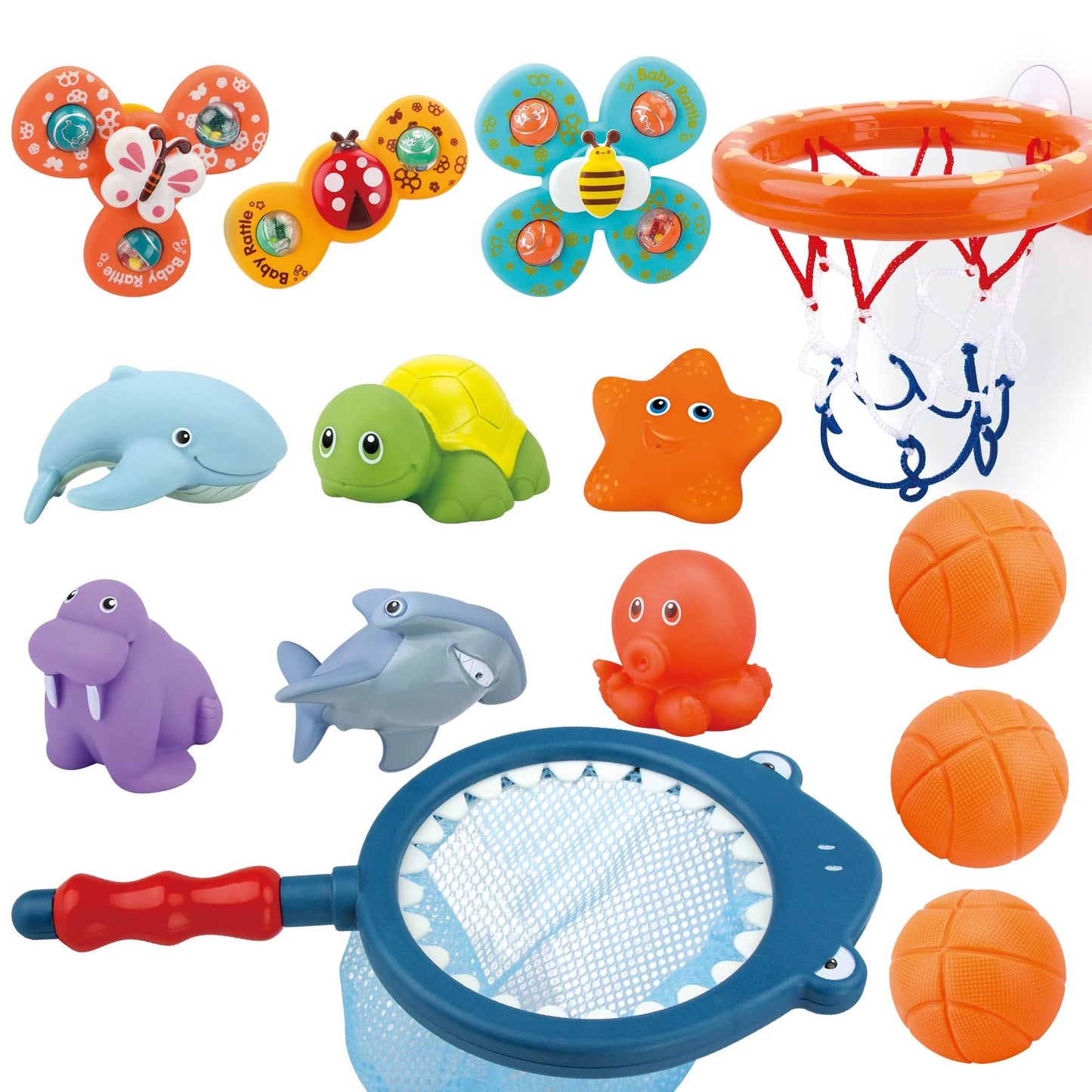 OKGIUGN Bath Toys Playset – Basketball Hoop, Fishing Game & Spinner Toys for Kids