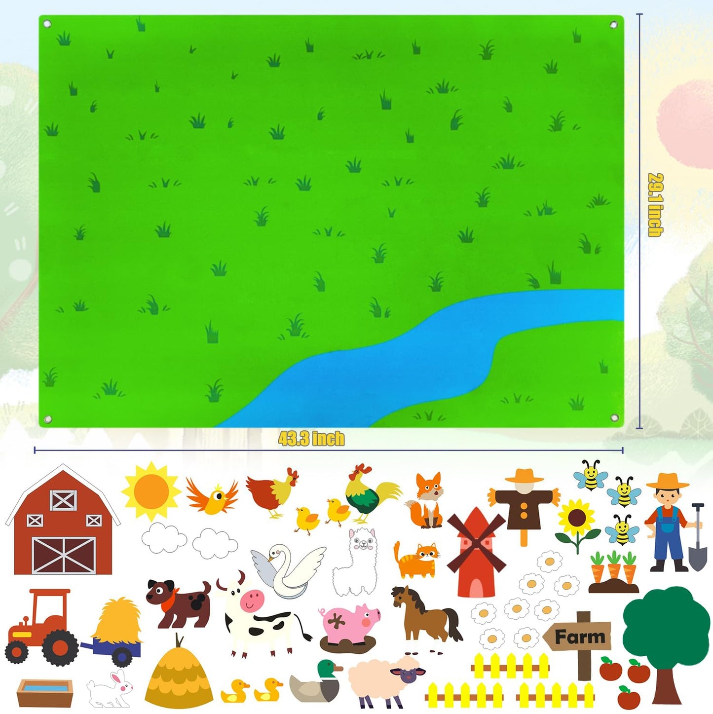 OKGIUGN 61 Pcs Farm Animals Story Felt Board, 3.6 Ft Farmhouse Themed Play Mat Wall Hanging Kit Toys, Birthday Gift for Toddlers Childrens