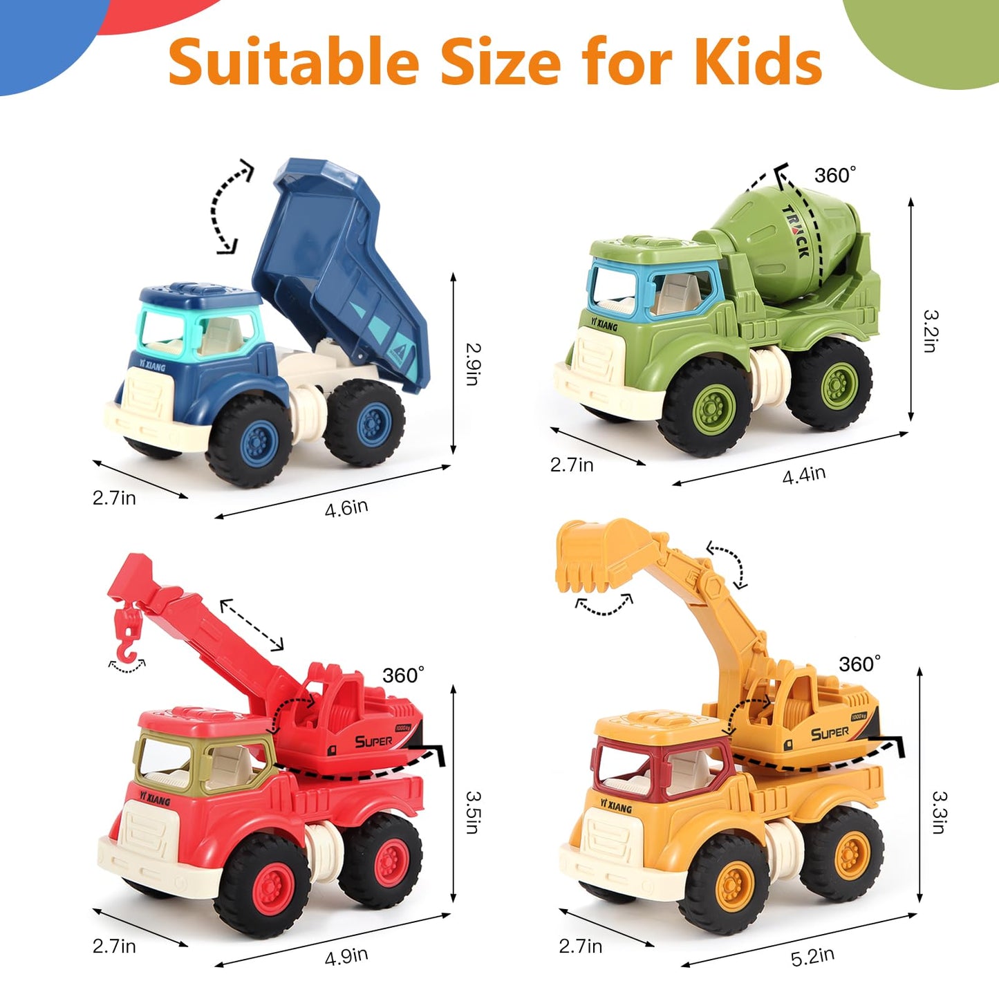 Olbyefly Construction Toys – 4-Piece Sandbox Trucks for Kids 1-5 (Excavator, Crane, Dump Truck, Cement Mixer)