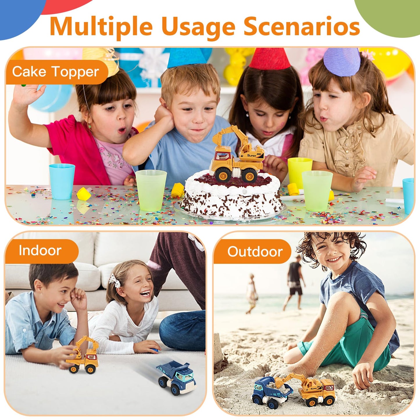 Olbyefly Construction Toys – 4-Piece Sandbox Trucks for Kids 1-5 (Excavator, Crane, Dump Truck, Cement Mixer)