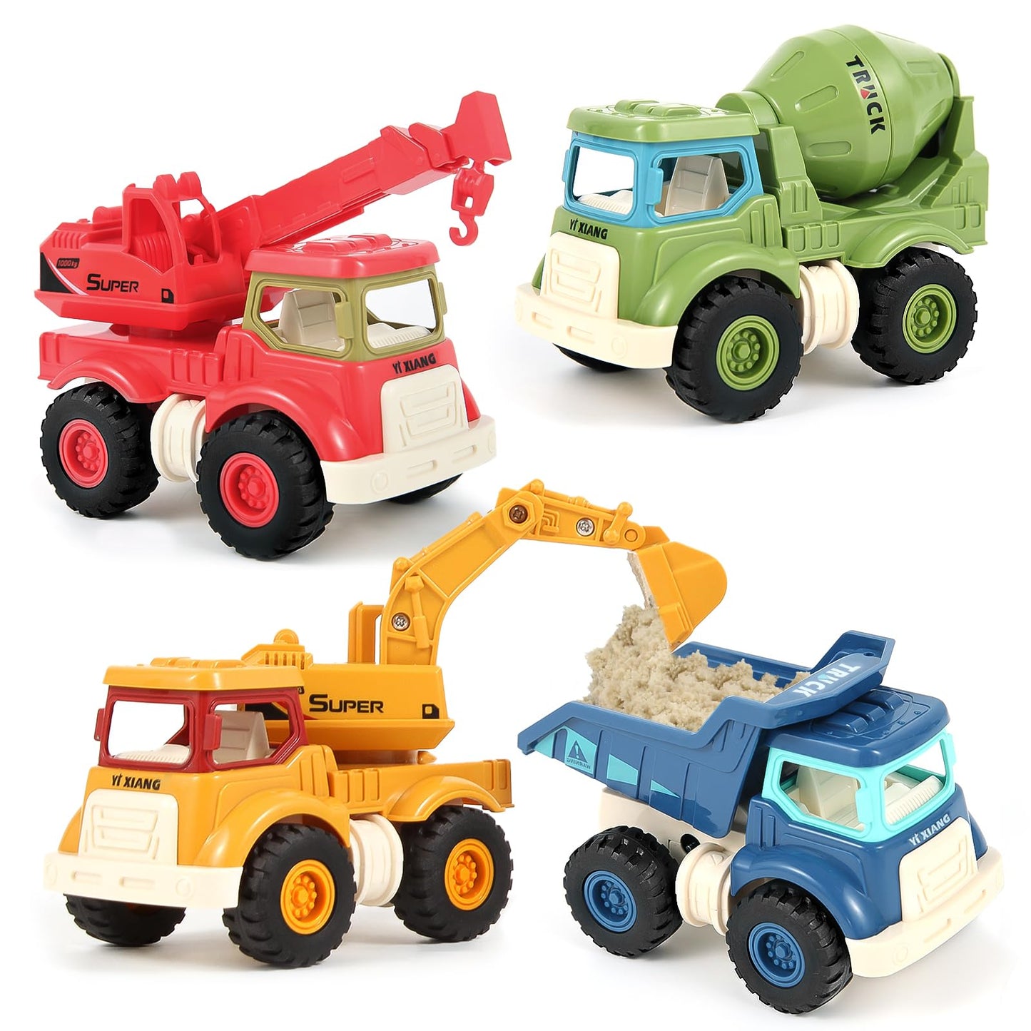 Olbyefly Construction Toys – 4-Piece Sandbox Trucks for Kids 1-5 (Excavator, Crane, Dump Truck, Cement Mixer)