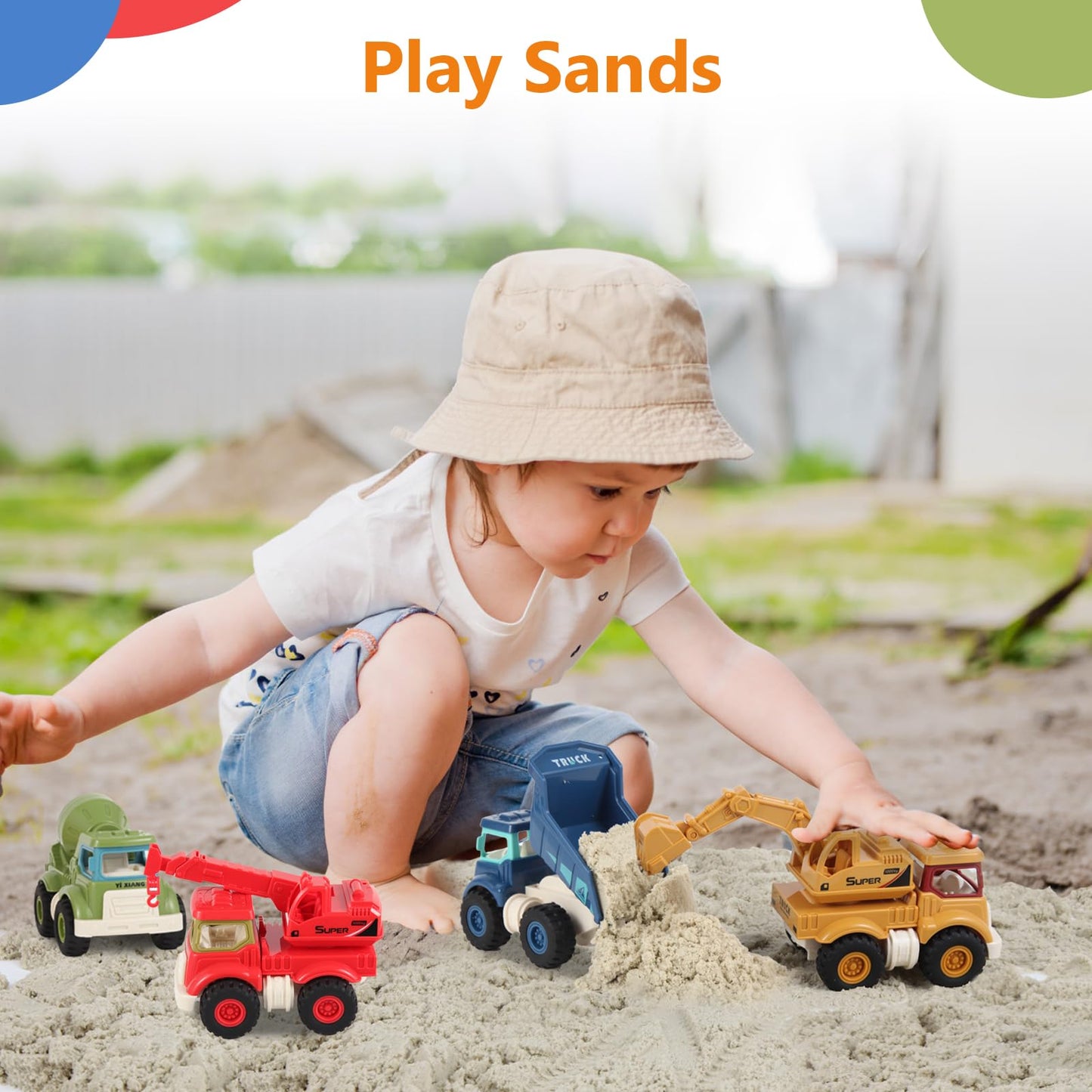 Olbyefly Construction Toys – 4-Piece Sandbox Trucks for Kids 1-5 (Excavator, Crane, Dump Truck, Cement Mixer)