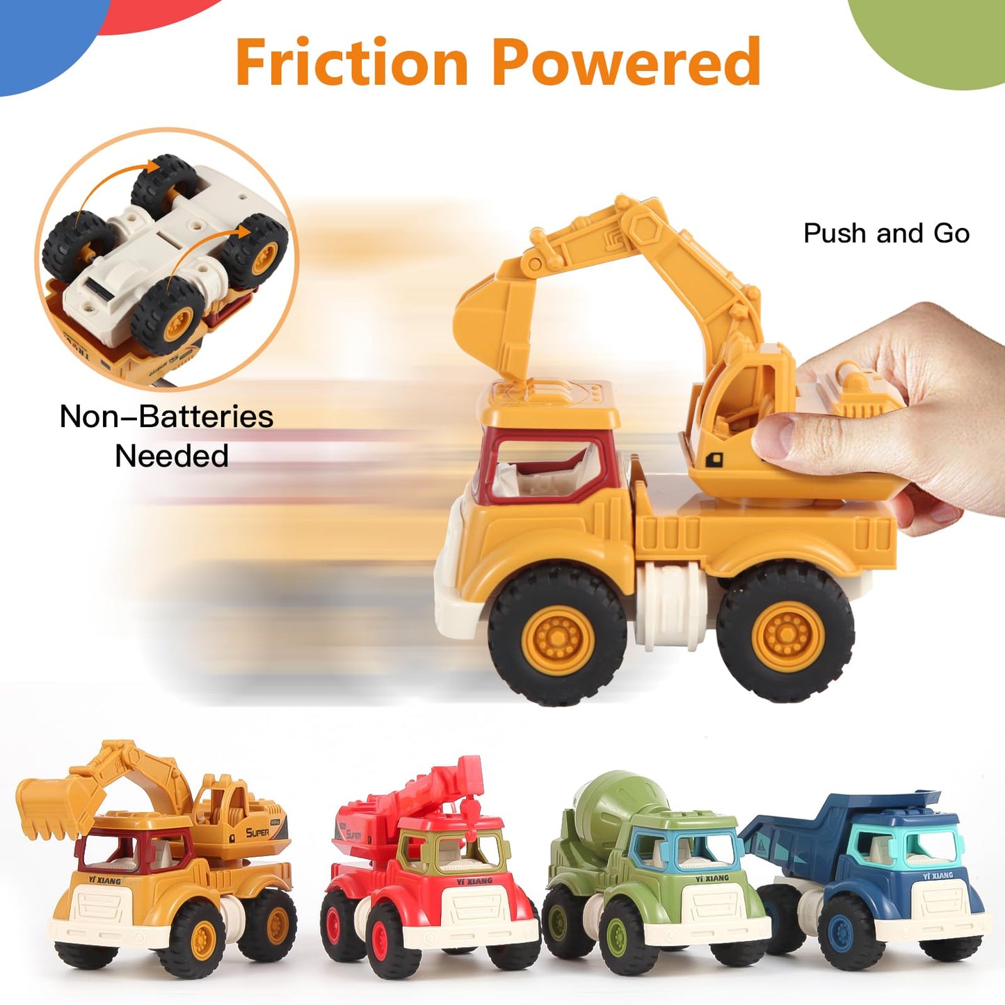 Olbyefly Construction Toys – 4-Piece Sandbox Trucks for Kids 1-5 (Excavator, Crane, Dump Truck, Cement Mixer)