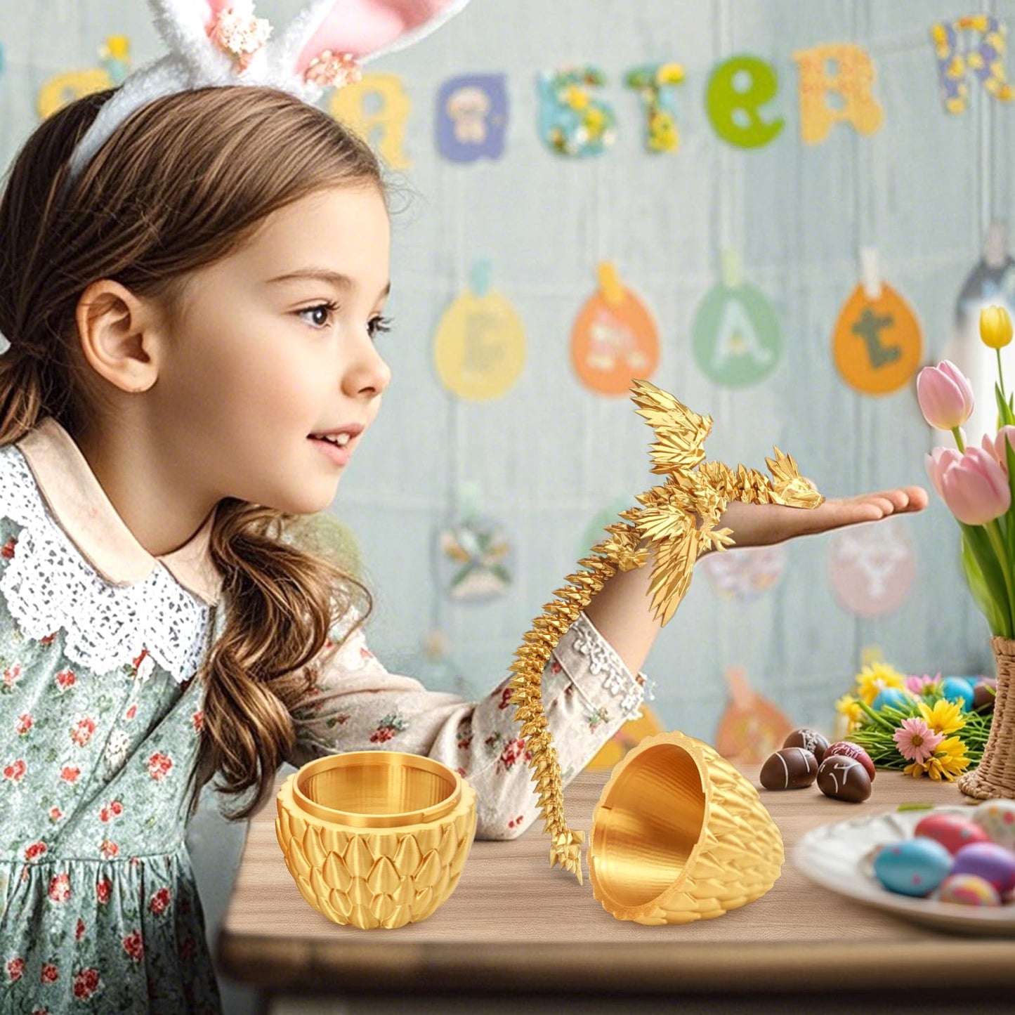 Olee Odee 3D Printed Dragon Eggs with Articulated Fly Dragon – Gold, M Size | Collectible Figurines & Fidget Toys