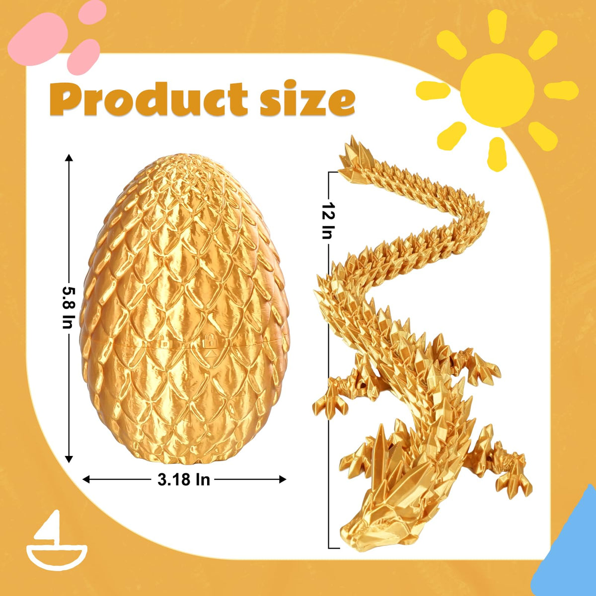Olee Odee Dragon Eggs with Dragon Inside – 3D Printed Articulated Dragon Fidget Toy (Gold, M-Size)