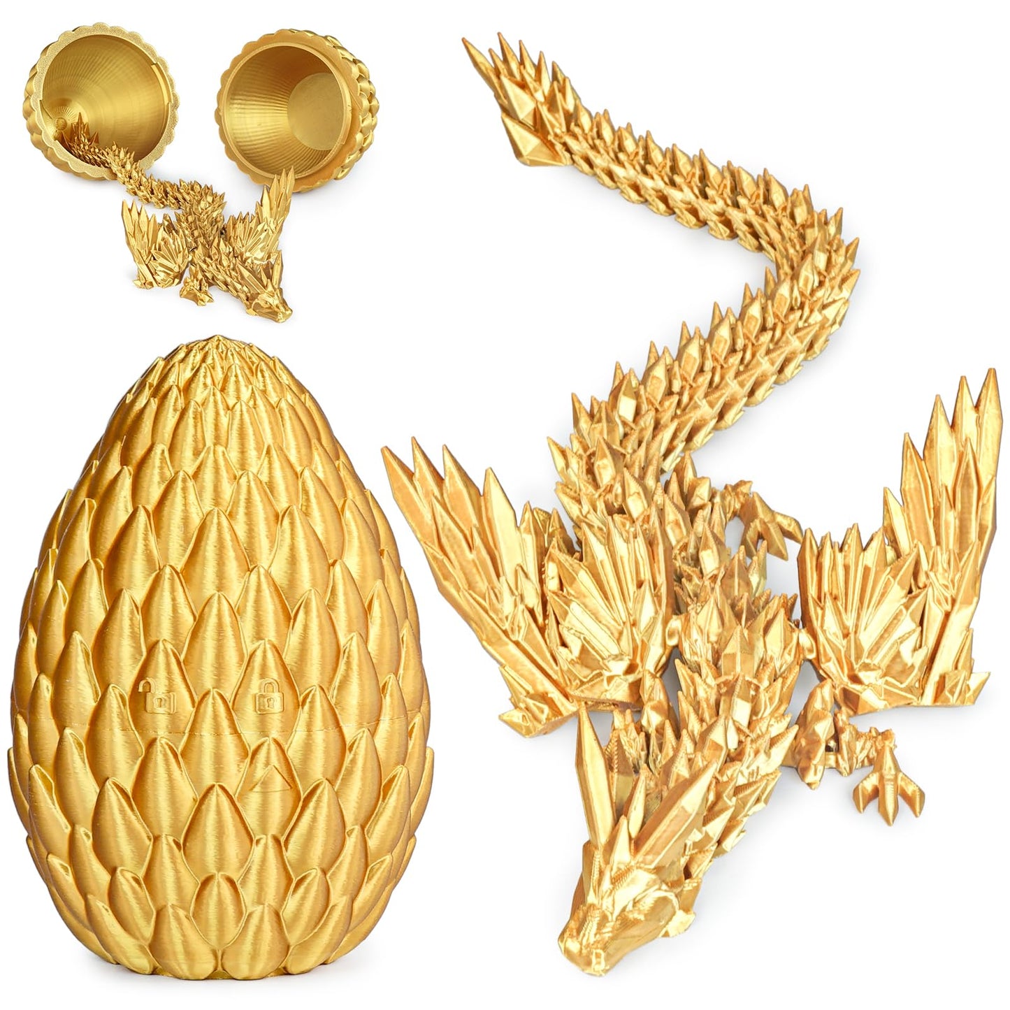 Olee Odee 3D Printed Dragon Eggs with Articulated Fly Dragon – Gold, M Size | Collectible Figurines & Fidget Toys