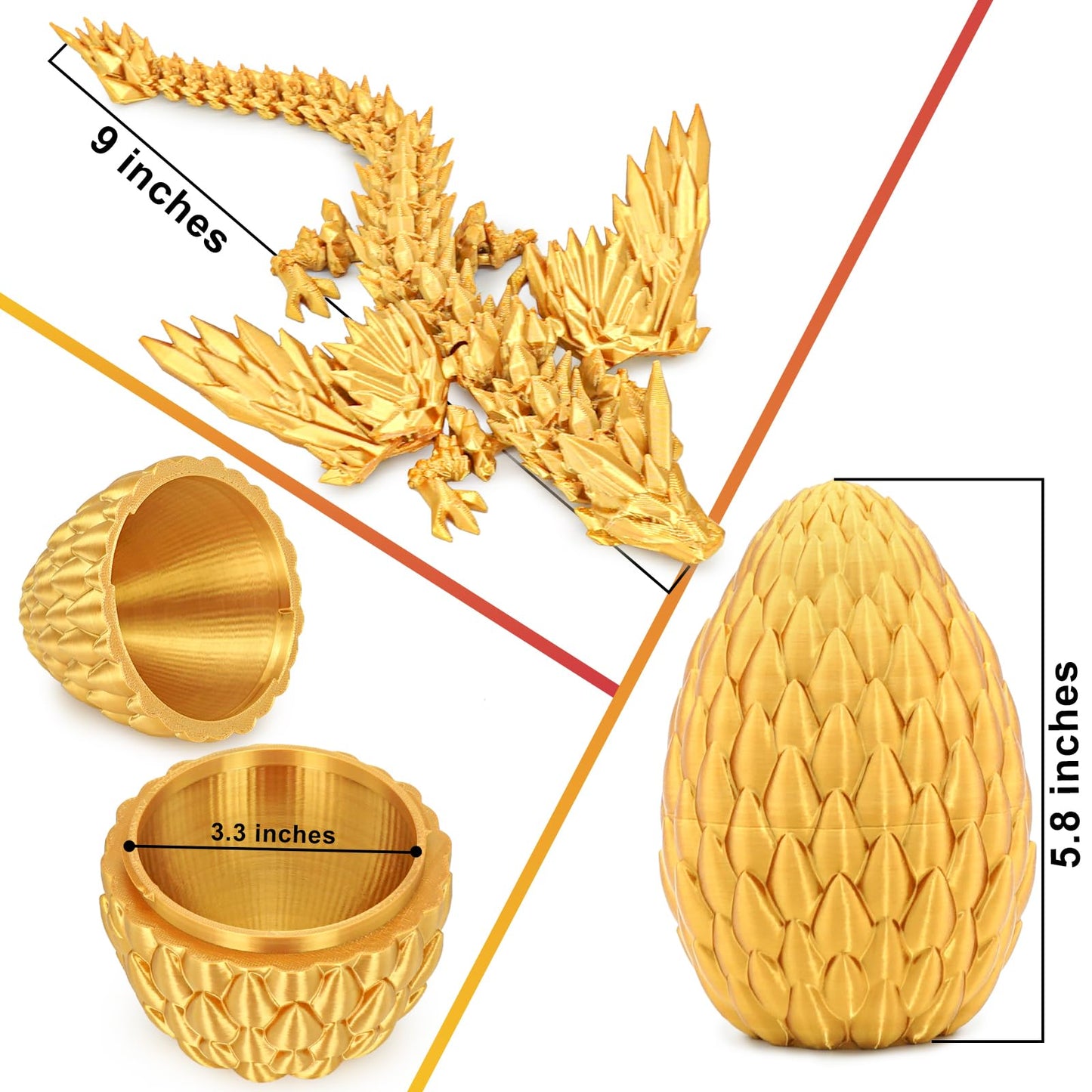 Olee Odee 3D Printed Dragon Eggs with Articulated Fly Dragon – Gold, M Size | Collectible Figurines & Fidget Toys