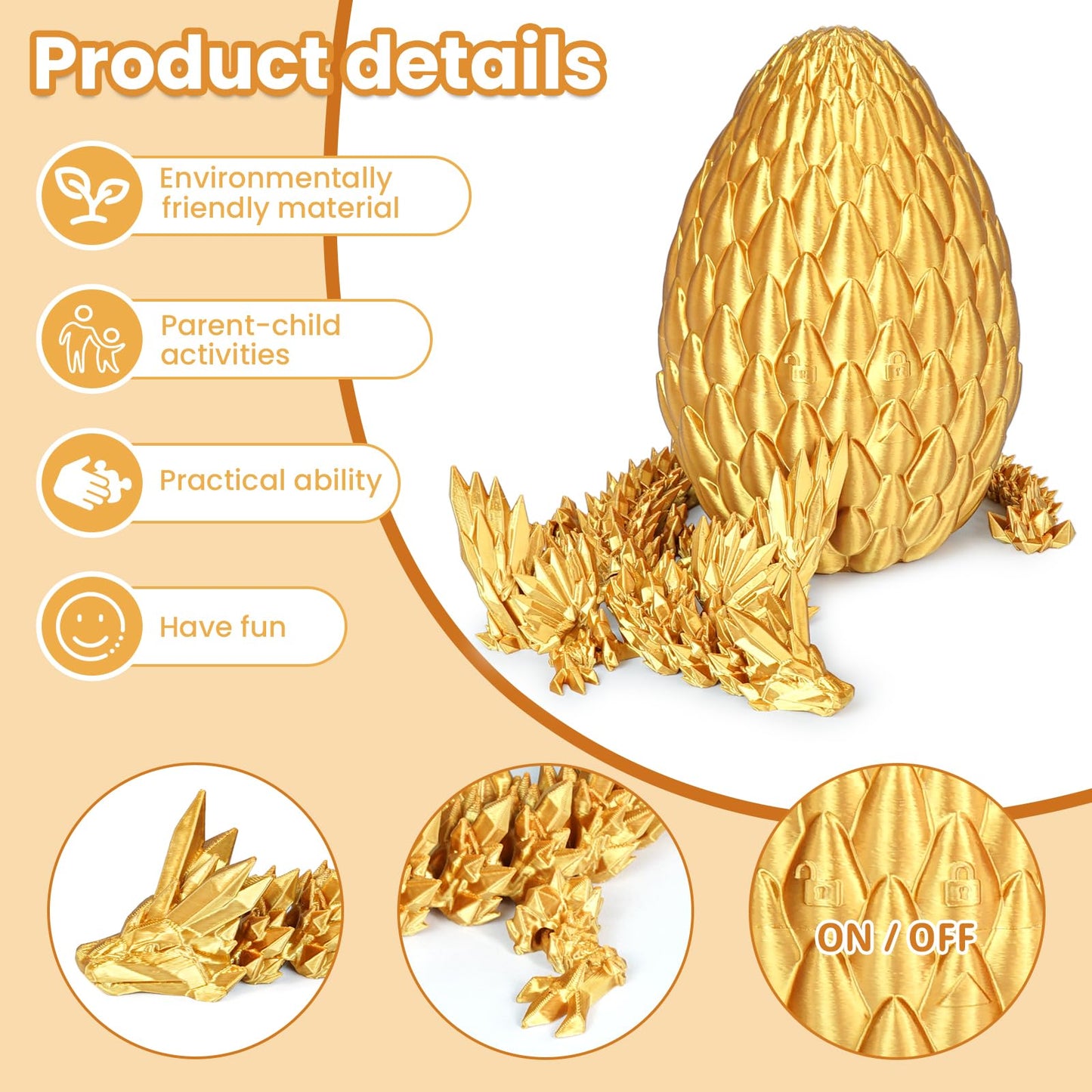 Olee Odee 3D Printed Dragon Eggs with Articulated Fly Dragon – Gold, M Size | Collectible Figurines & Fidget Toys