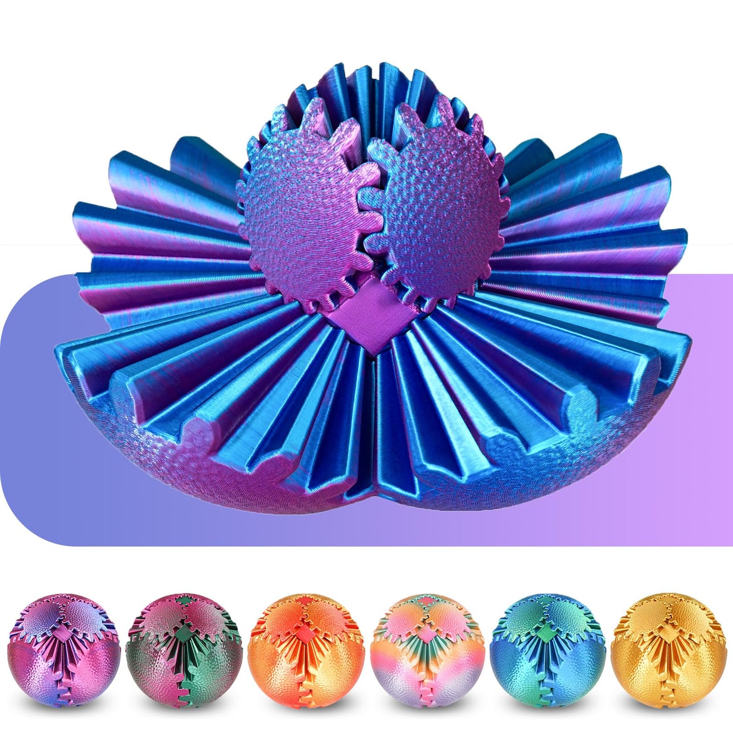 Olee Odee Gear Ball Fidget Toy – Steampunk Gear Sphere 3D Printed Stress Relief (Ombre Purple)