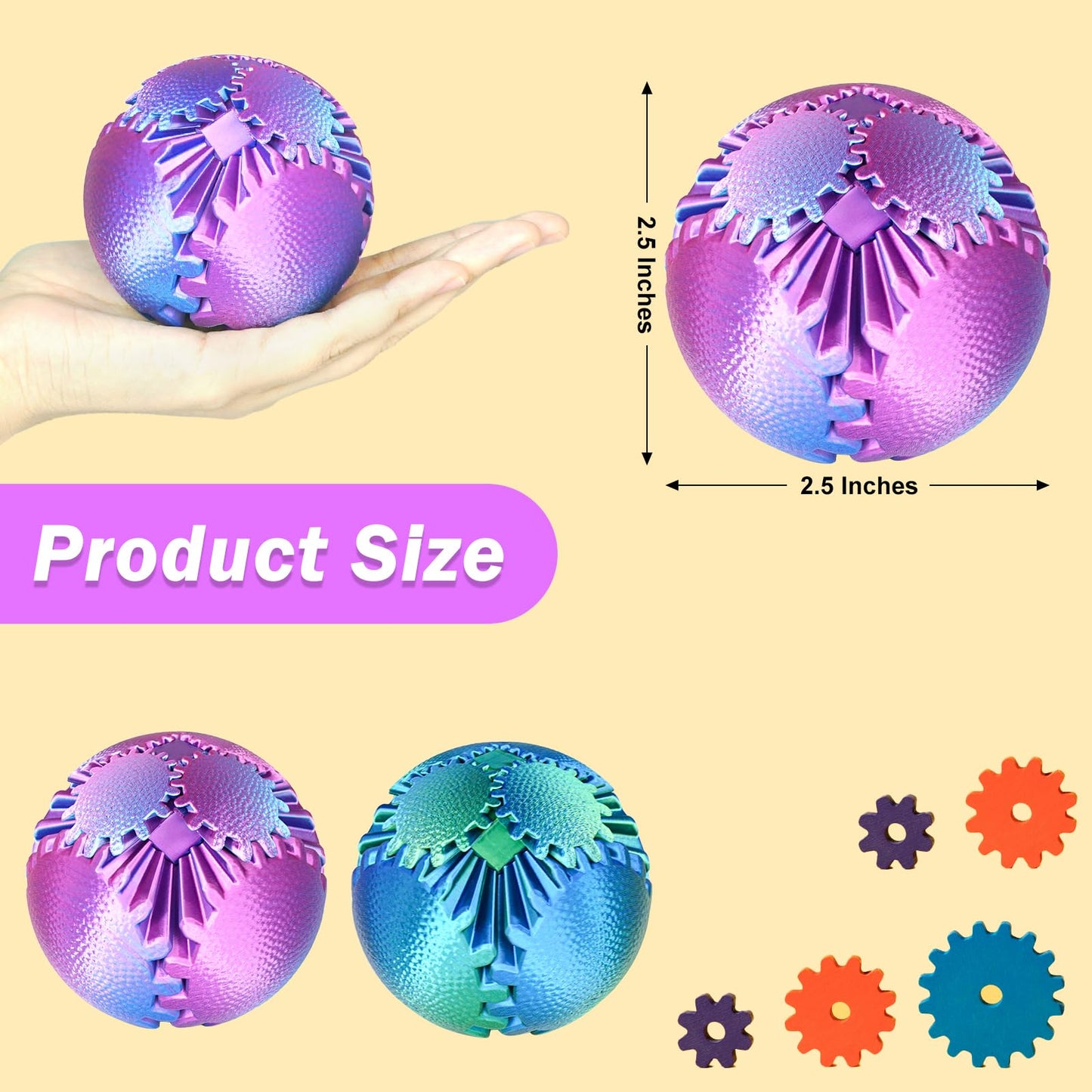Olee Odee Gear Ball Fidget Toy – Steampunk Gear Sphere 2.5-Inch, Green & Purple