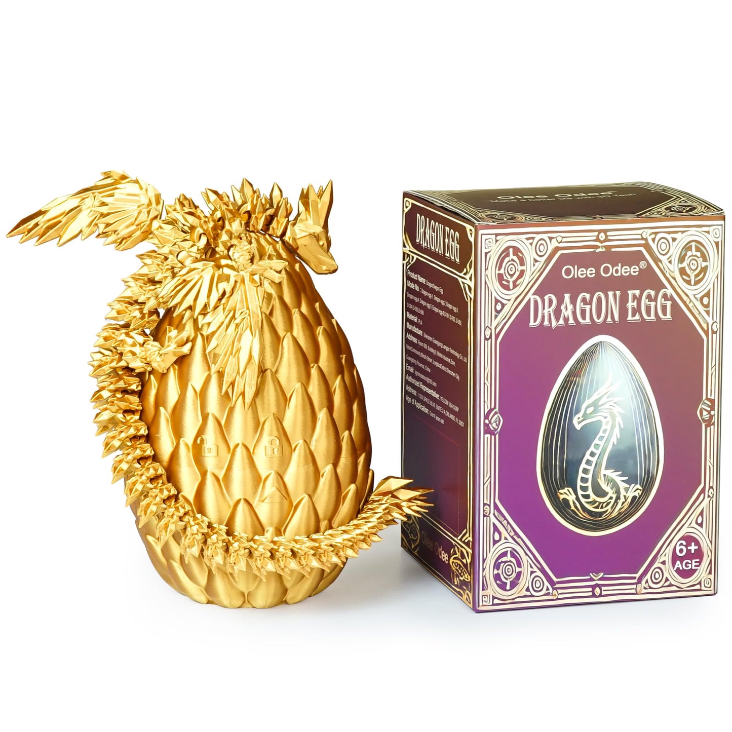 Olee Odee 3D Printed Dragon Eggs with Articulated Fly Dragon – Gold, M Size | Collectible Figurines & Fidget Toys