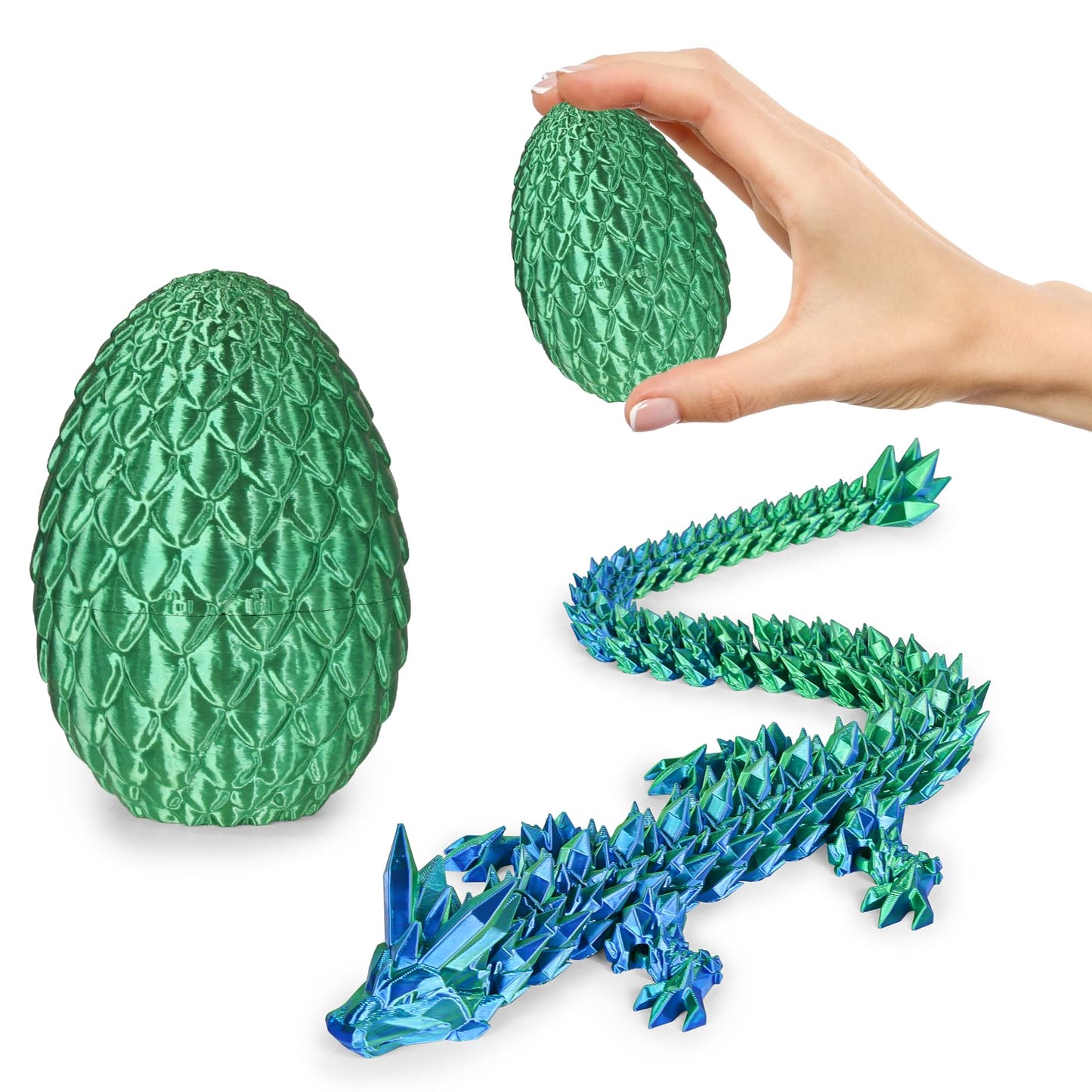 Olee Odee Small Dragon Eggs with Dragon Inside | 3D Printed Articulated Dragon Fidget Toys for Desk & Office (Christmas Green)