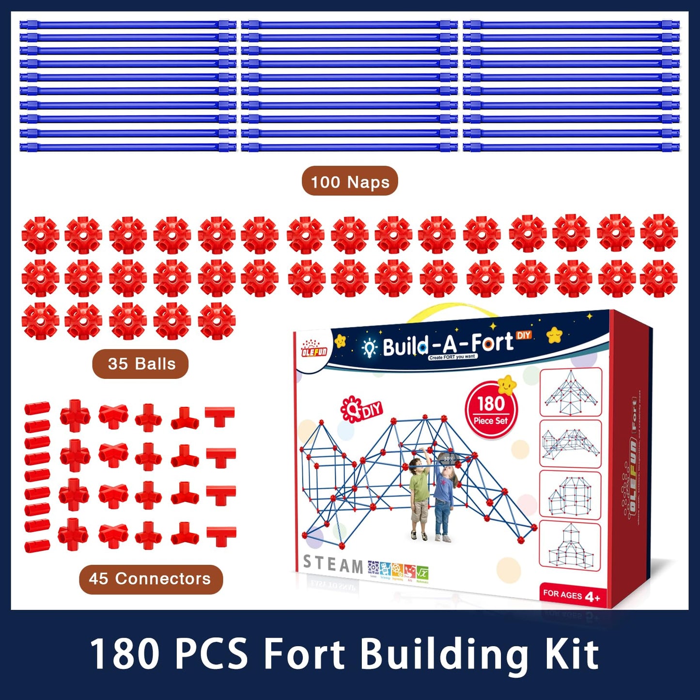 OleFun 180-Pack Fort Building Kit for Kids 4-8 | Creative STEM Toys for Castles, Tunnels & Play Tents