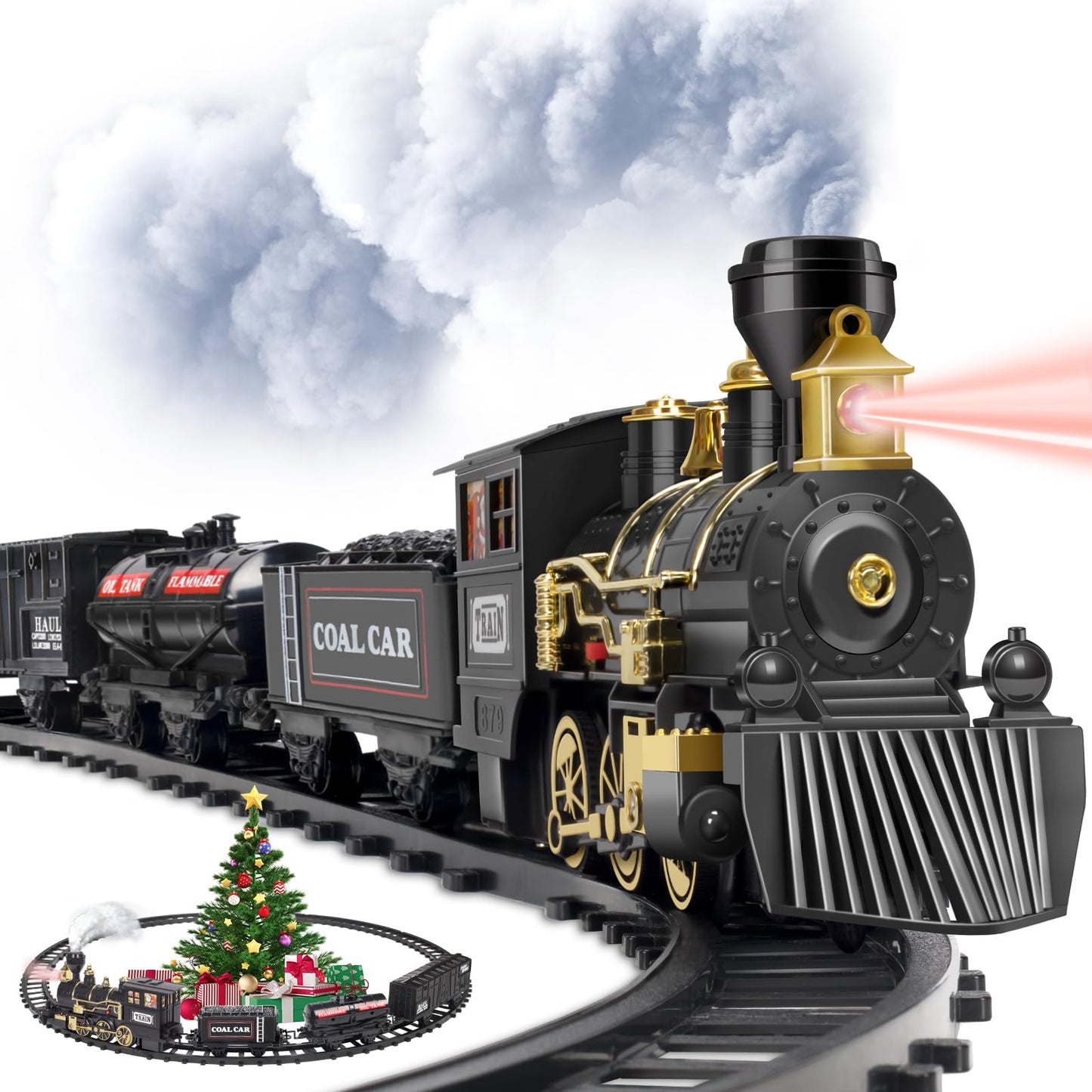 OleFun Train Set: Electric Black Steam Train with Sounds & Lights for Under the Christmas Tree