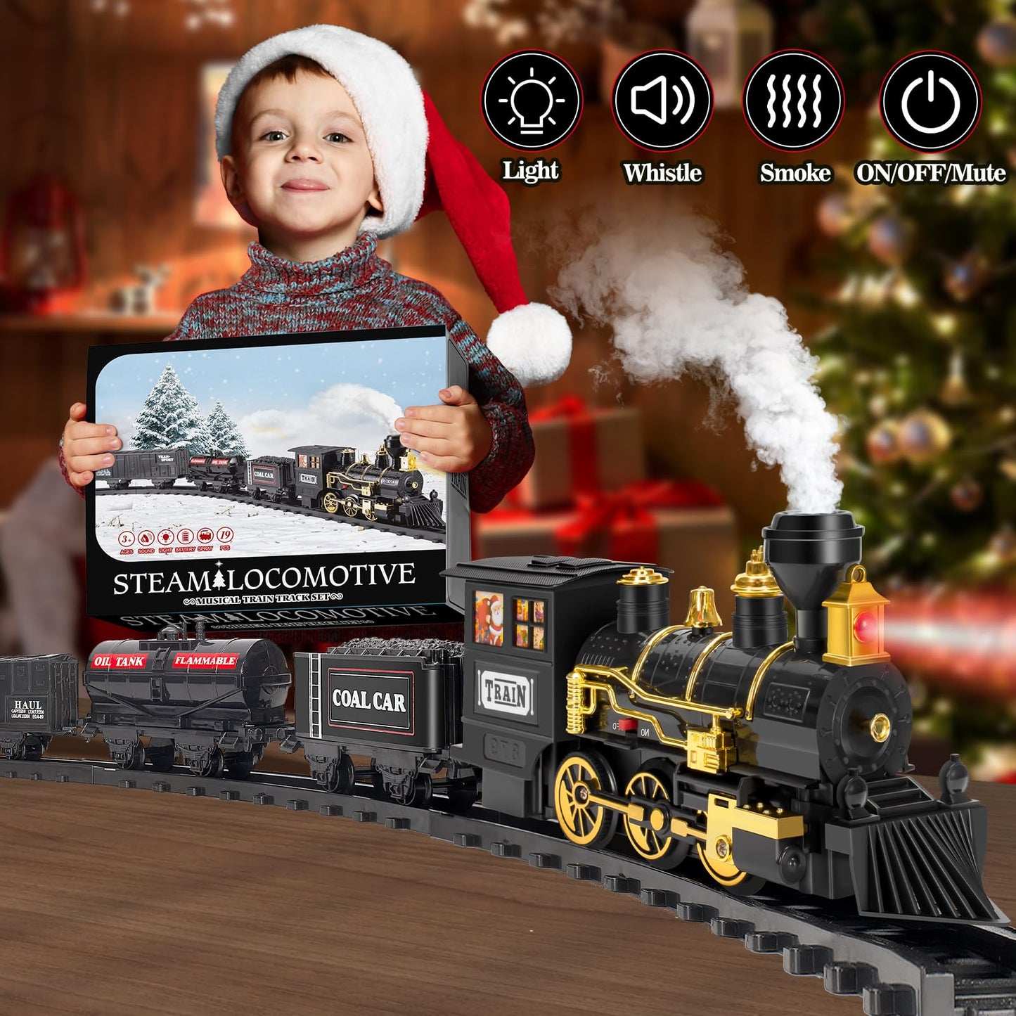 OleFun Train Set: Electric Black Steam Train with Sounds & Lights for Under the Christmas Tree