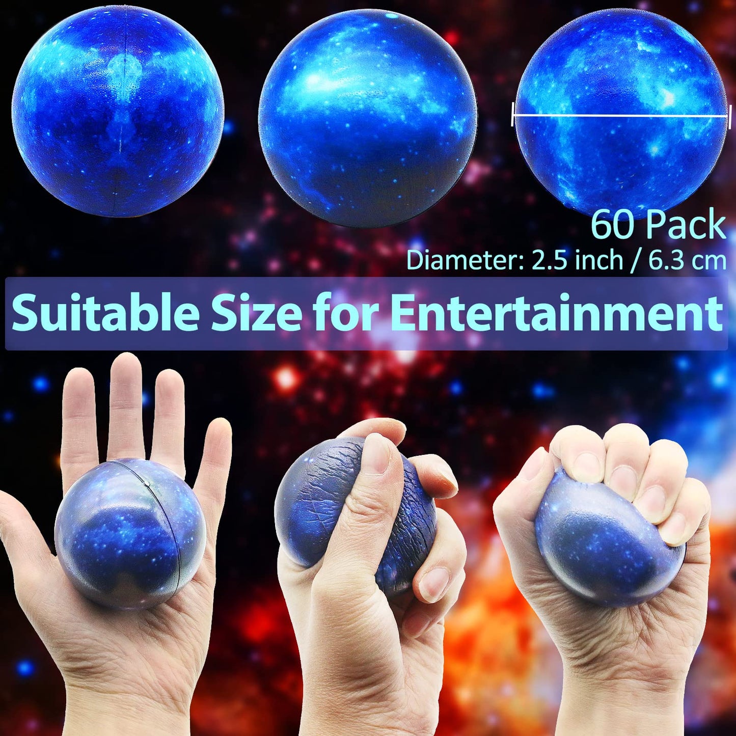 Oleitodh Galaxy Stress Balls Bulk — 60 Pack, 2.5-Inch Space Squeeze Fidget Toys